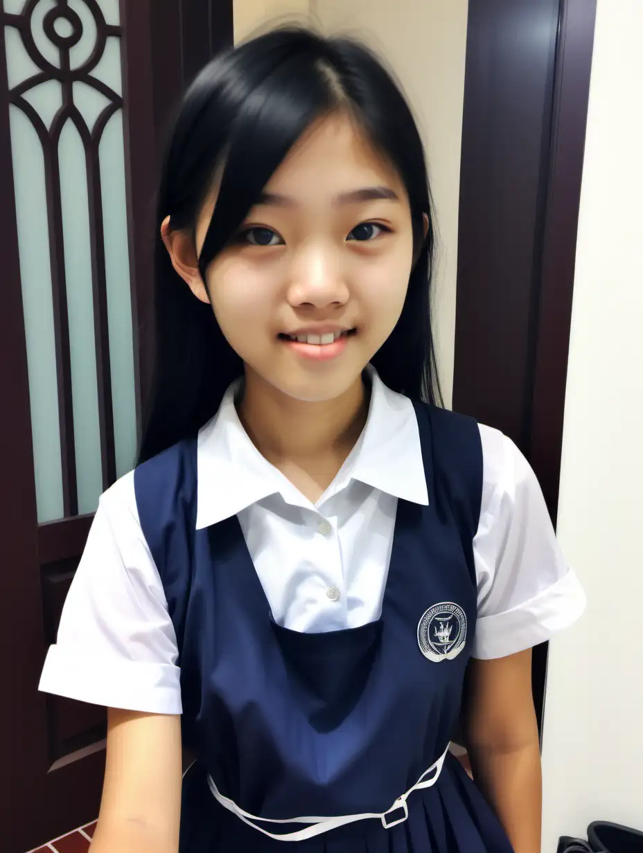 petite 13 years old Singaporean chinese teenage girl. messy black hair. selfie. wearing a navy blue pinafore paya lebar Methodist girls school uniform dress with a white belt. act cute