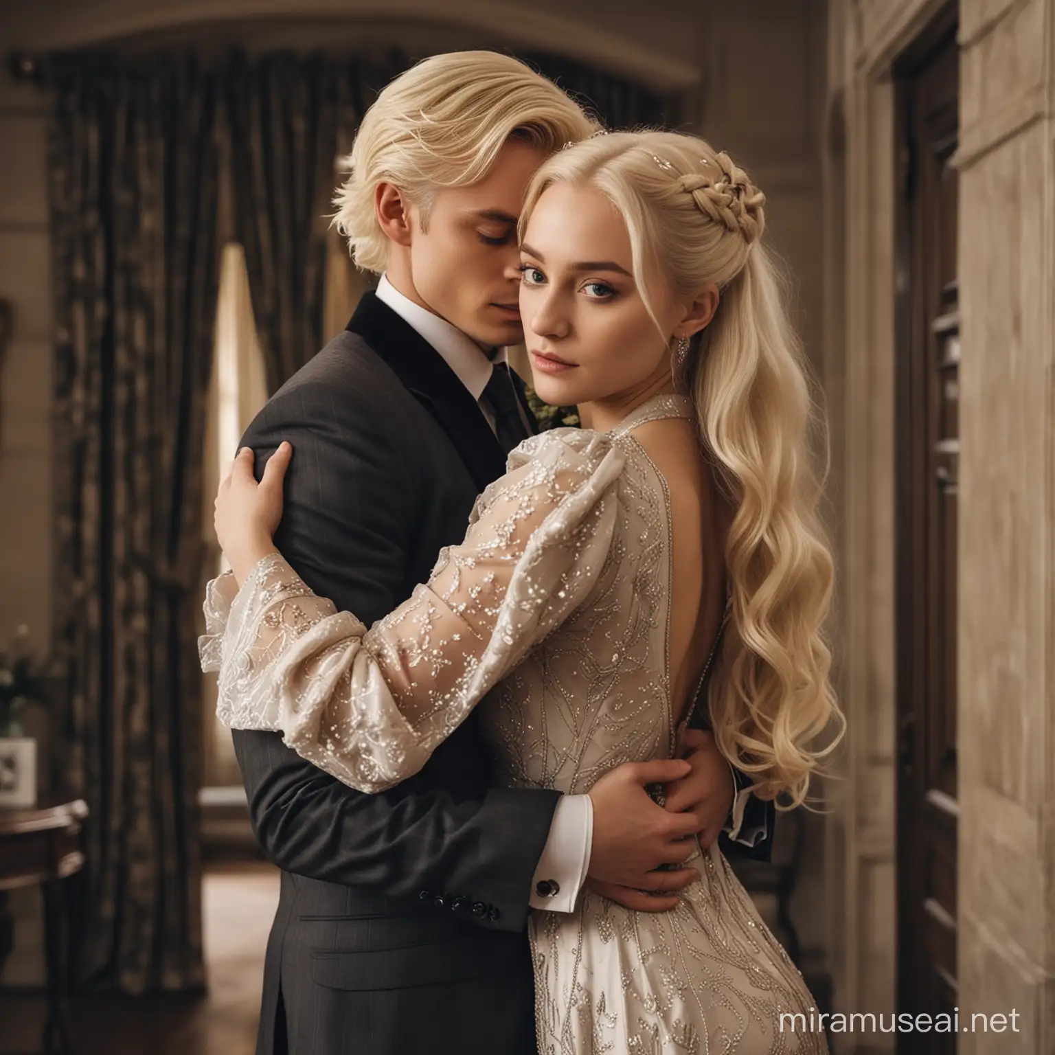 a beautiful young girl with long blonde hair in a beautiful dress is hugging a handsome guy with dark curly hair in a business suit in an expensive house at Malfoy Manor, Draco Malfoy is standing next to a dark-haired girl