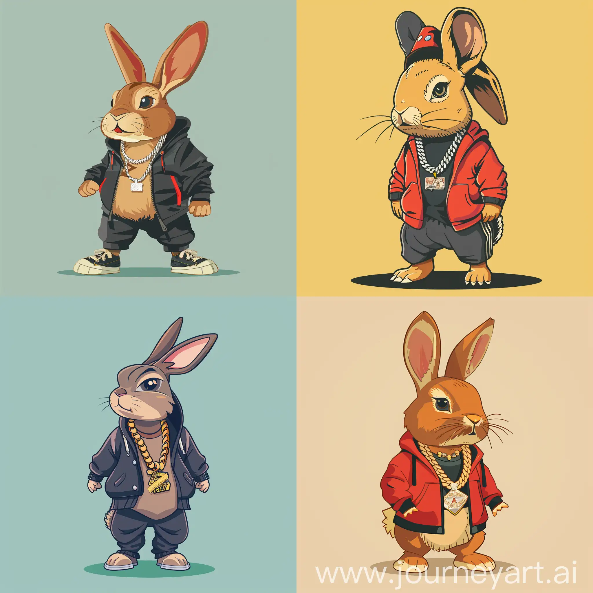 brash cartoon rabbit wearing in rap clothes, in high quality flat style