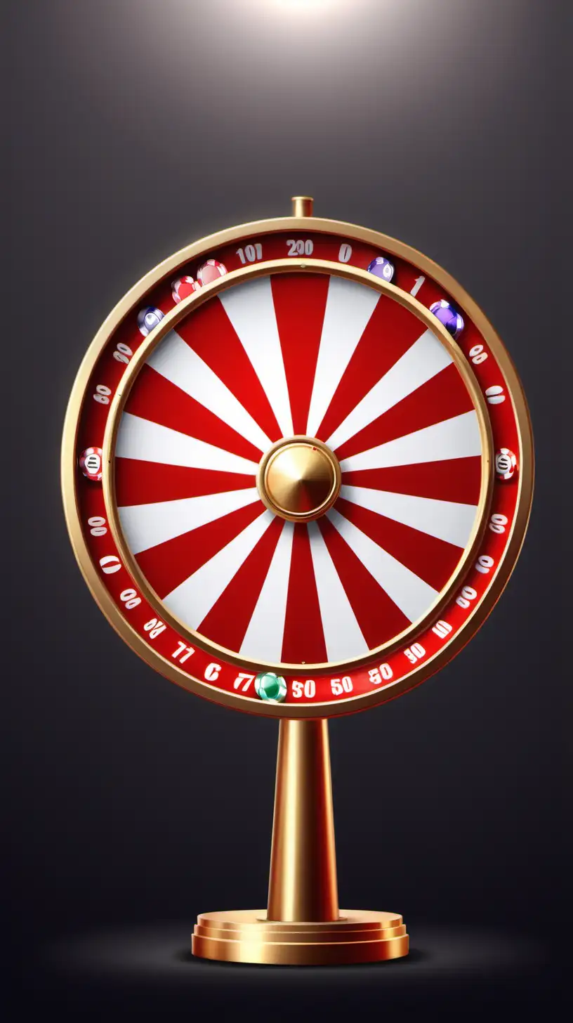 Standing lottery casino fortune wheel in golden circle with red and white stripes. Realistic spinning bright roulette.