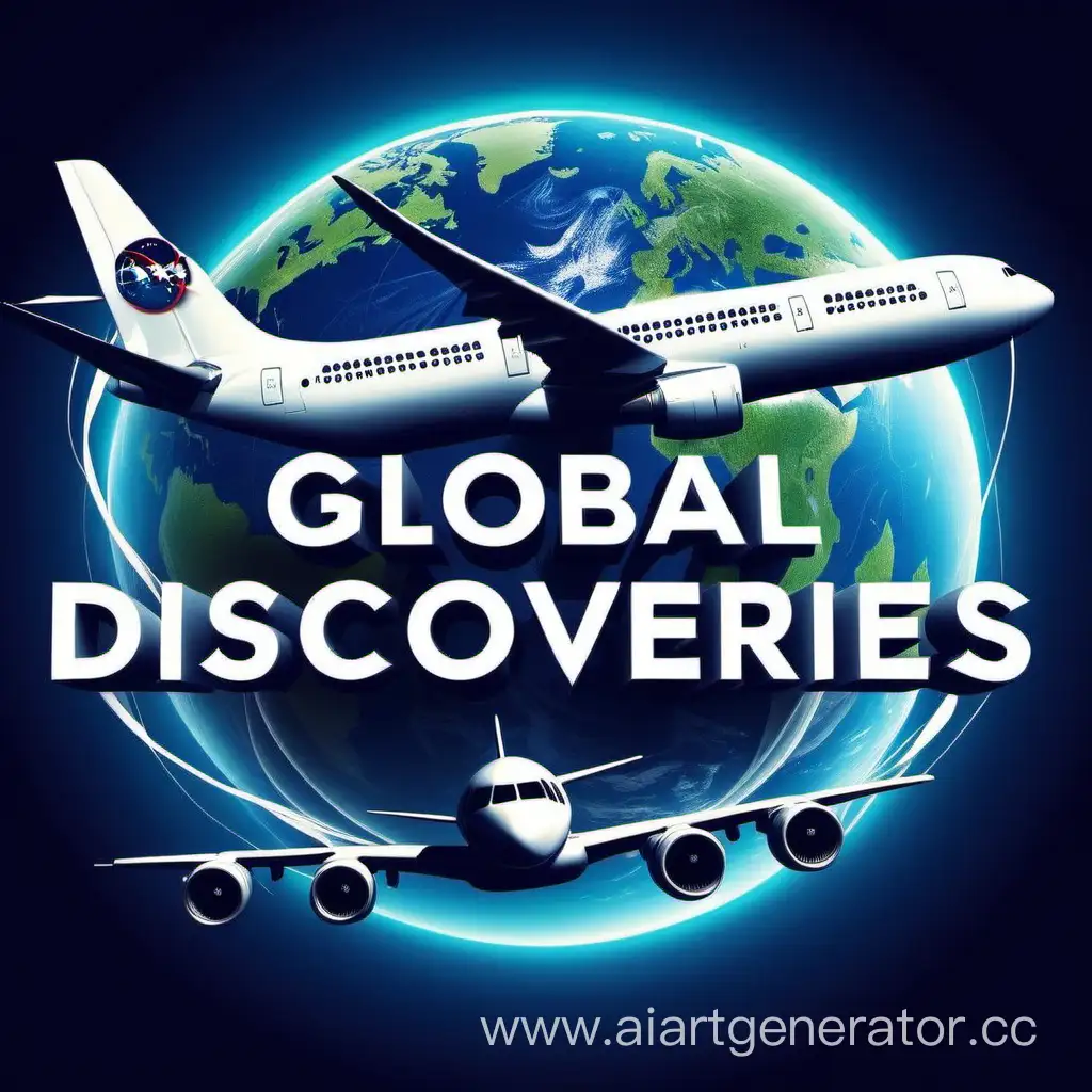 Logo, planet Earth, airplanes, tickets, text global discoveries