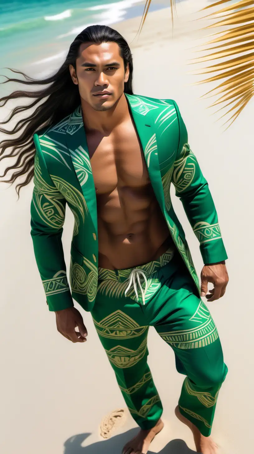 Realistic handsome Polynesian male model with long hair and toned body wearing a Polynesian designs green suits walking on the beach showing a full body shot from the top of his head to his feet.