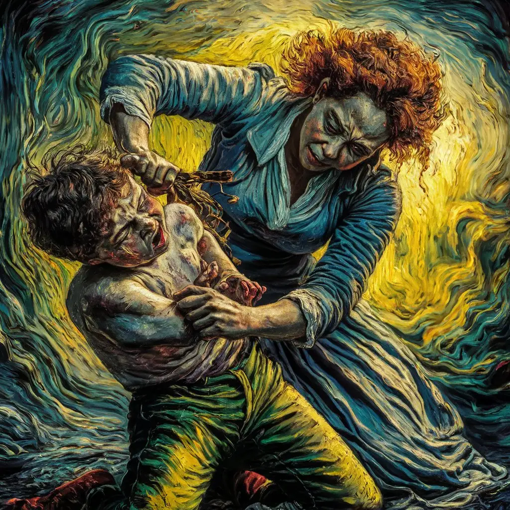 The picture: A mother disciplining her boy, depicted in the style of Van Gogh, in a punishment scene where the mother is whipping the boy. Use vivid colors and sharp brush strokes to convey the intensity of the moment. Remember to incorporate the unique light and shadow effects characteristic of Van Gogh's style.