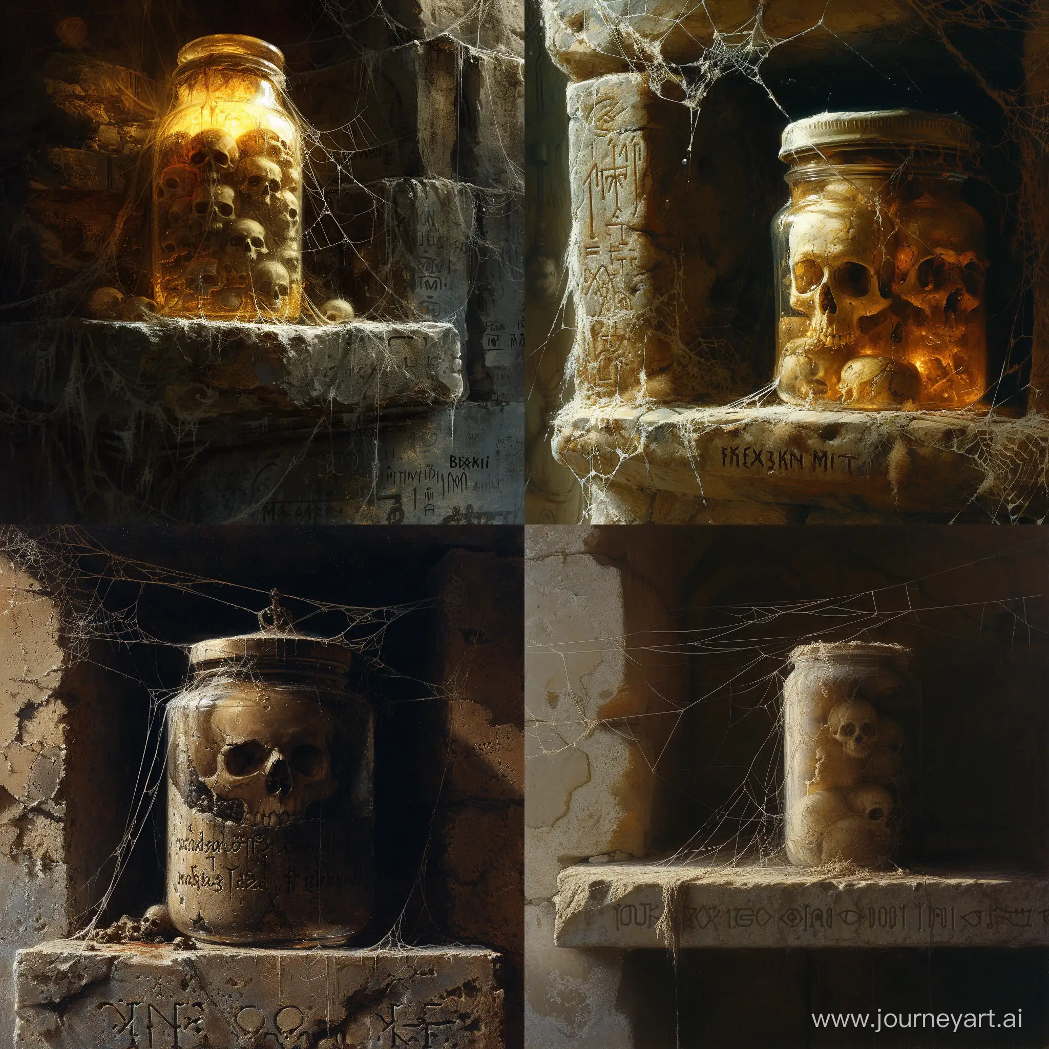 Safeguarding a jar with nothing but 
skull impurities,Beksinski grotesque haunting unsettling dark,on ancient On a stone shelf,cobwebs everywhere,runic script,incredible detail,warm light,terrifying.