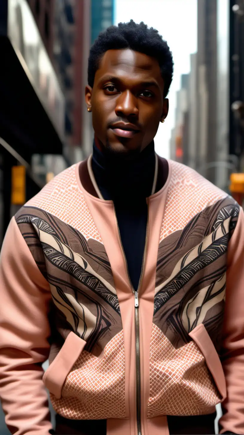 Handsome black man, wearing low hair style, wearing Salmon African print Bomber, wearing a beige, v neck sweater, wearing dark brown corduroys, Standing in front of the garment district in NY, volumetric light source from top right, Extremely detailed ultra4k, high definition, 