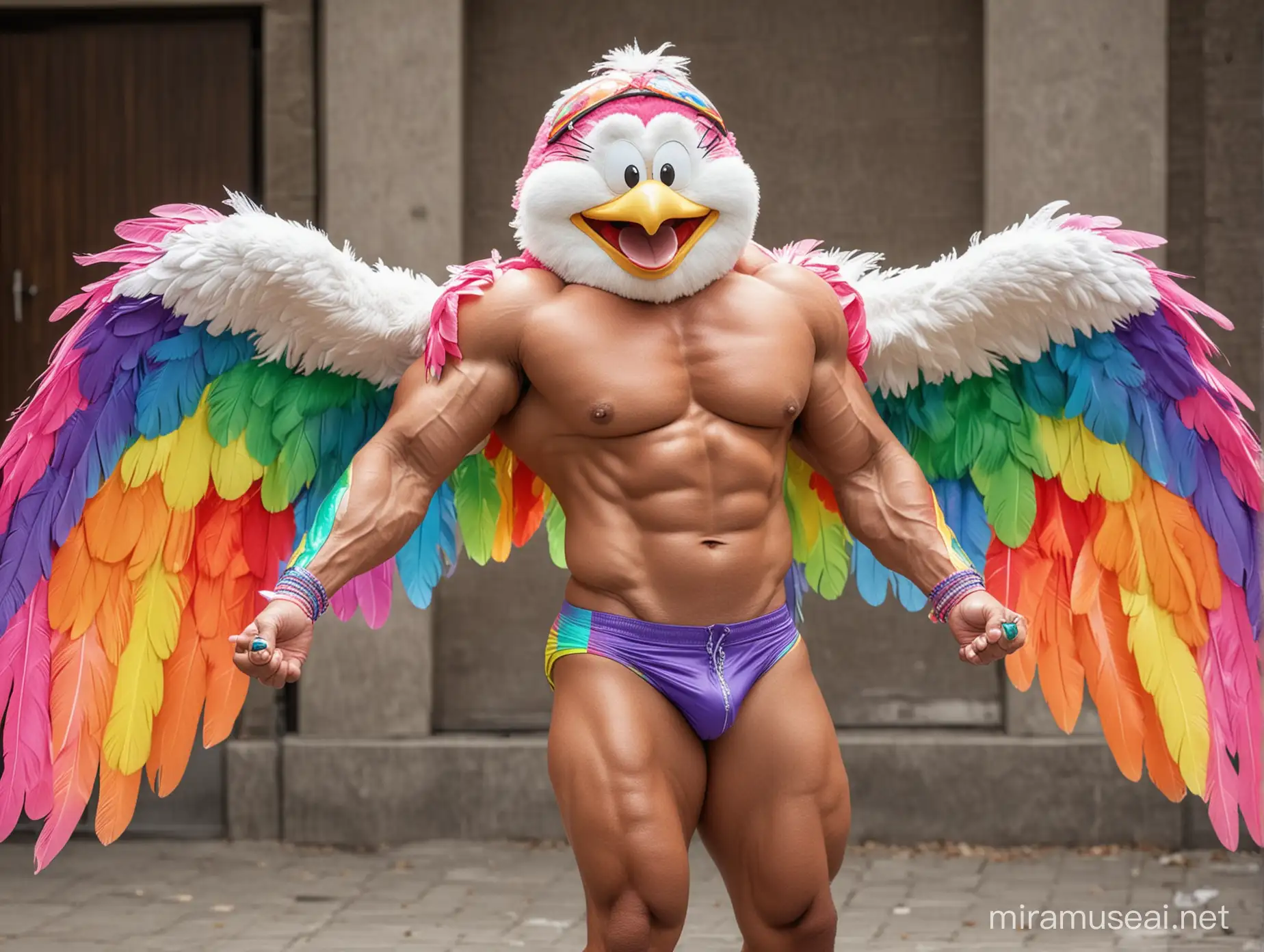 Ultra Beefy Bodybuilder Flexing with Bright Rainbow Coloured Wings Jacket and Doraemon