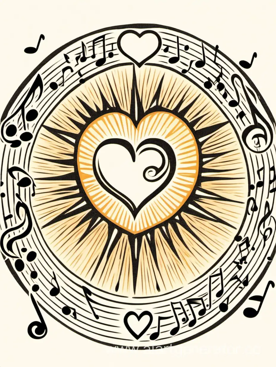 логотип: солнце в середине которого нарисованное сердце с нотой и еще маленьким сердцем и все сияет 