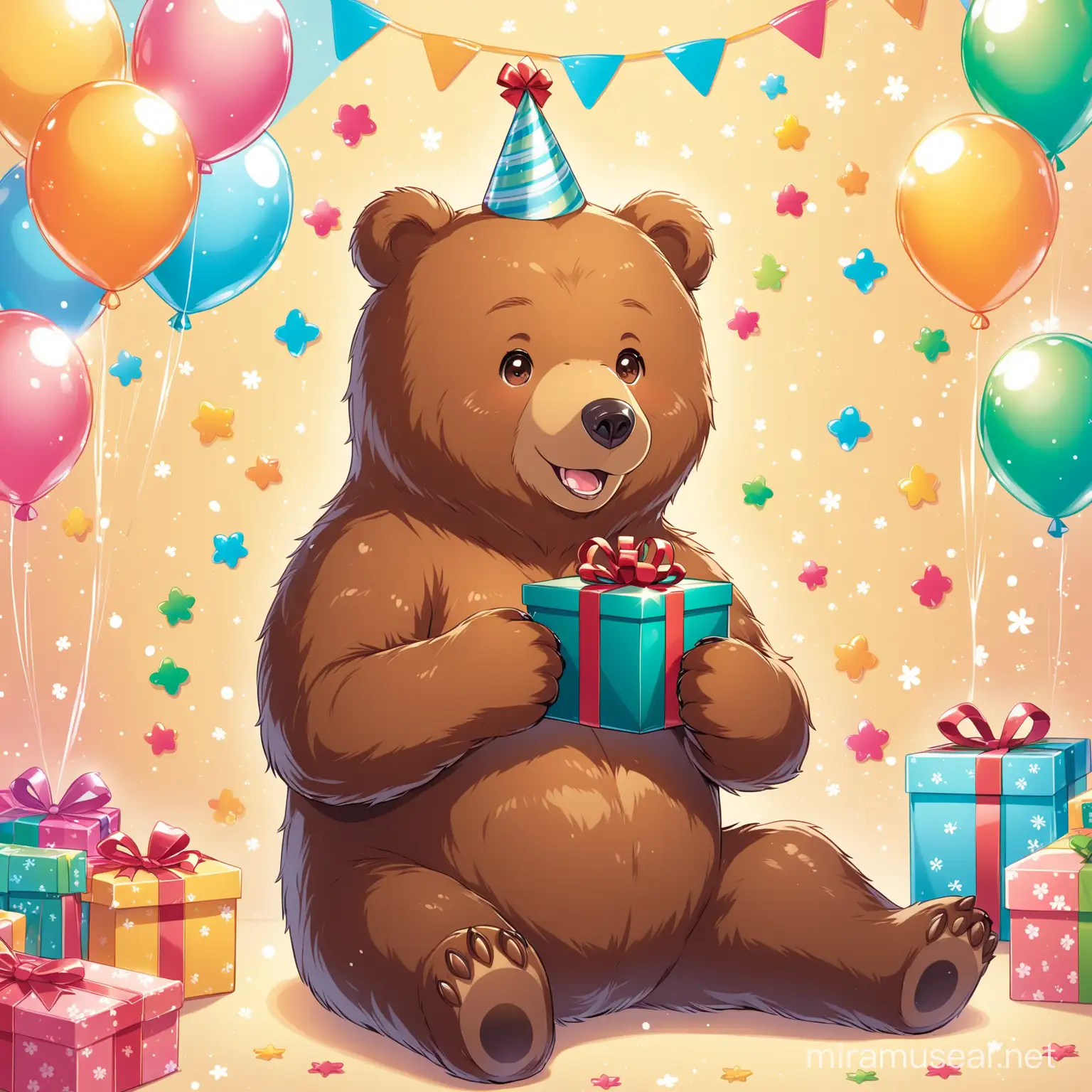 Brown bear gives a present, birthday atmosphere