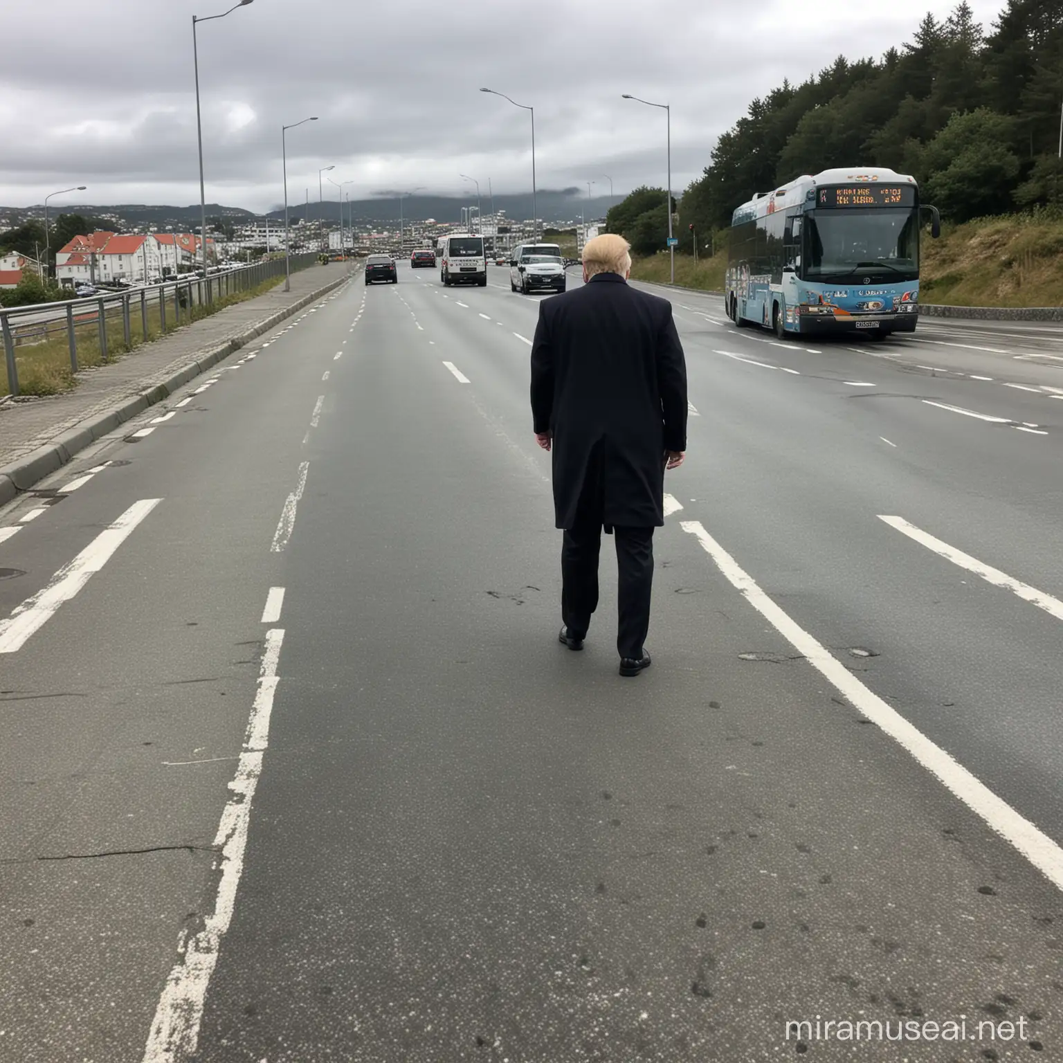 can you make donald trump walking away from a buss on the side of the road while talking in his phone, in stavanger, norway