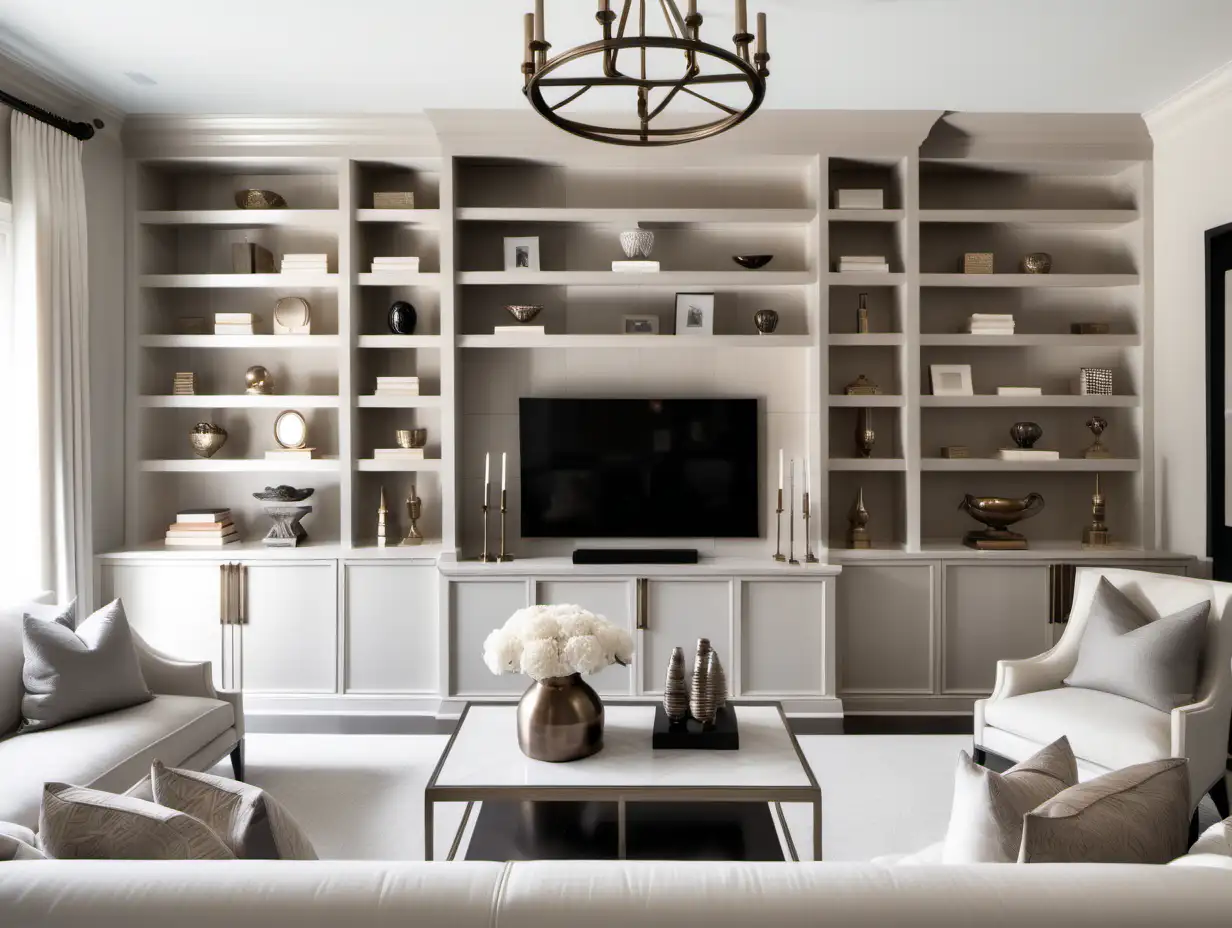 Interior design for a transitional luxury living room with neutral beige furniture and subtle hints of grey. Bronze accents. Built in bookshelves with accessories 