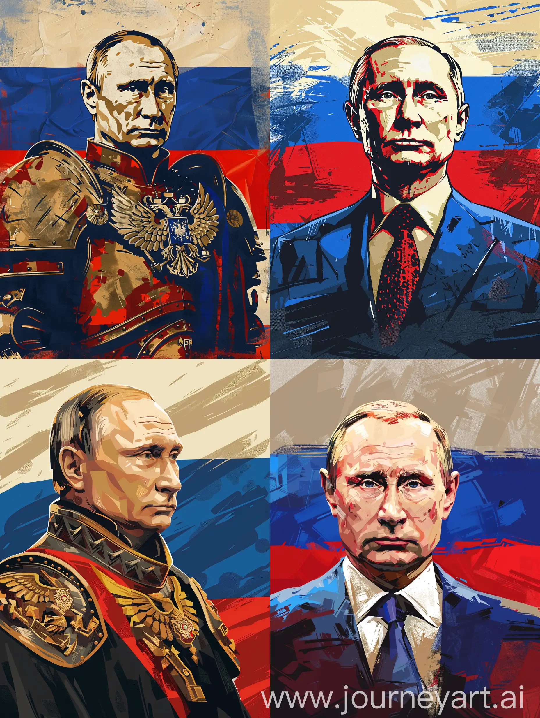 Владимир Путин в стиле war hammer на фоне флага России