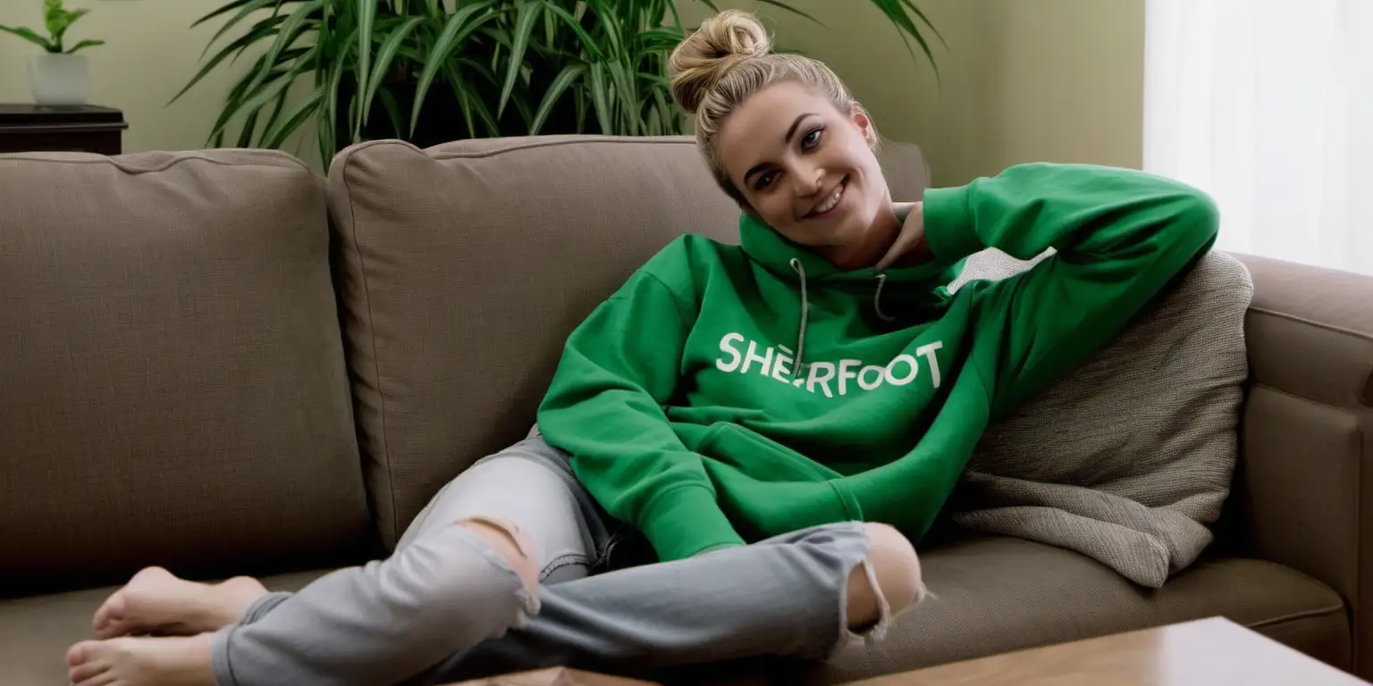 Relaxing Woman in Green Hoodie on Living Room Couch