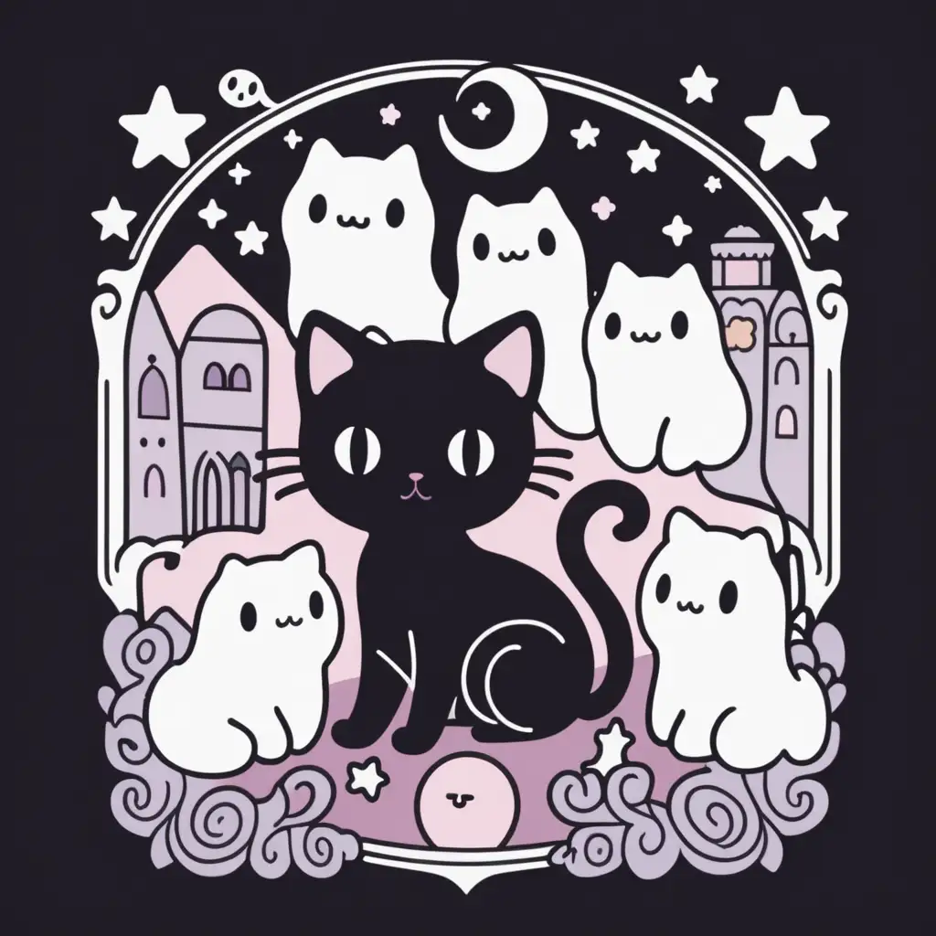 Vintage tarot card style, sanrio, kawaii, pastel goth flat vector illustration of a witchy black cat and white ghosts