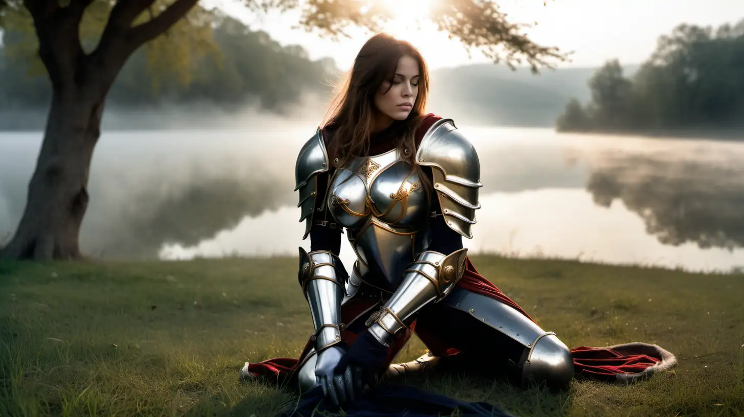 big breasts muscular paladin woman, caped, gauntlets, helmet, iron boots, resting, crouching on the ground, on a grassland, trees, lake, mist, tired after battle, very long hairs, holy, confident, soft light, light from heaven, wide angle, full body
