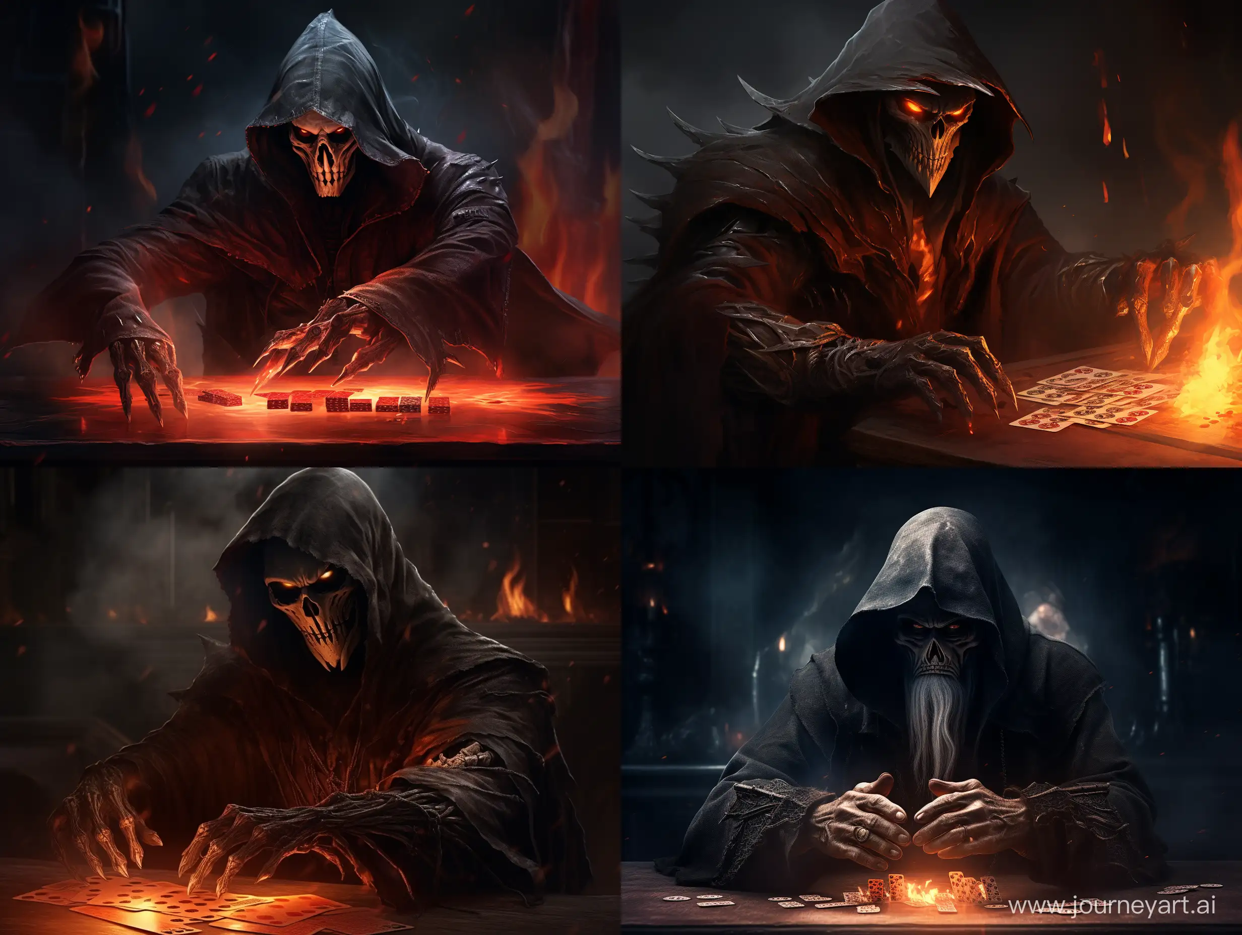 the reaper playing texas hold em poker with flaming aces in his hands