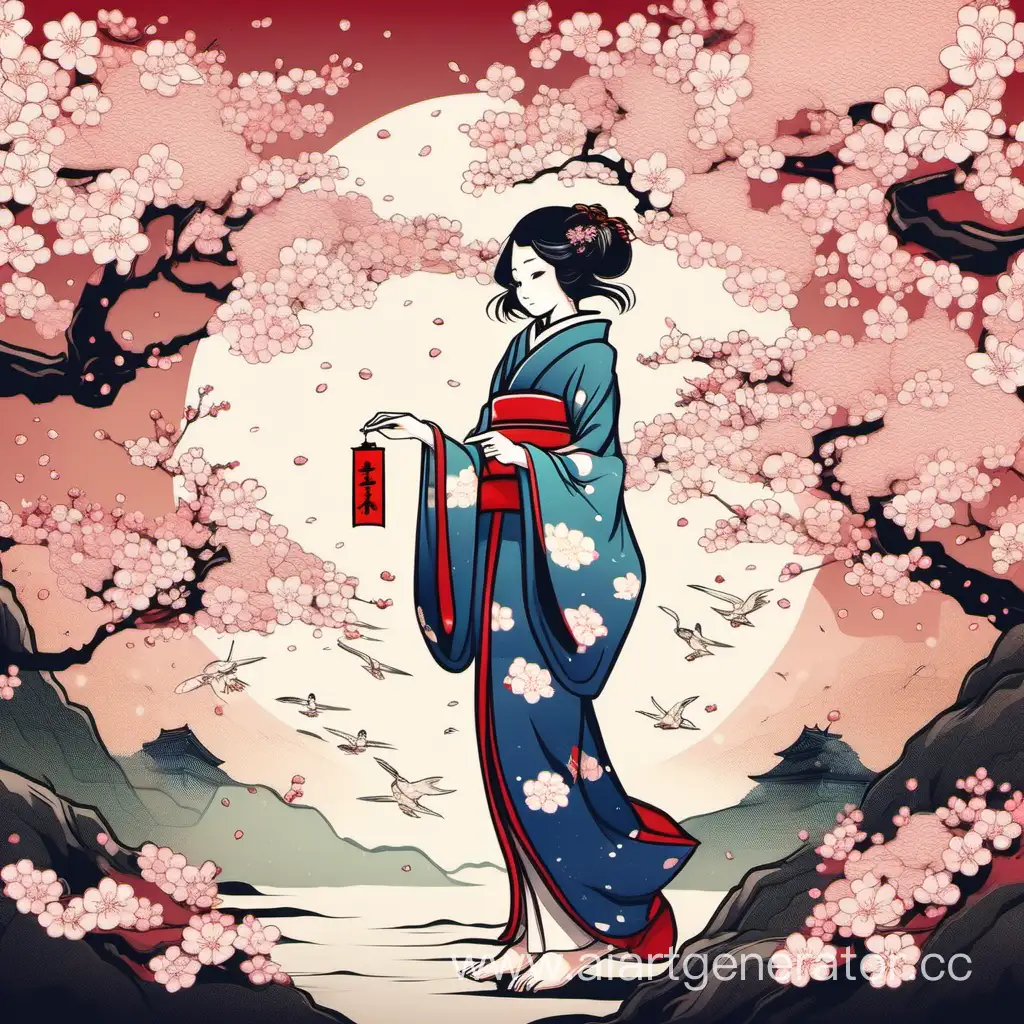 Japanese illustration in traditional ancient style. Girl and cherry blossoms