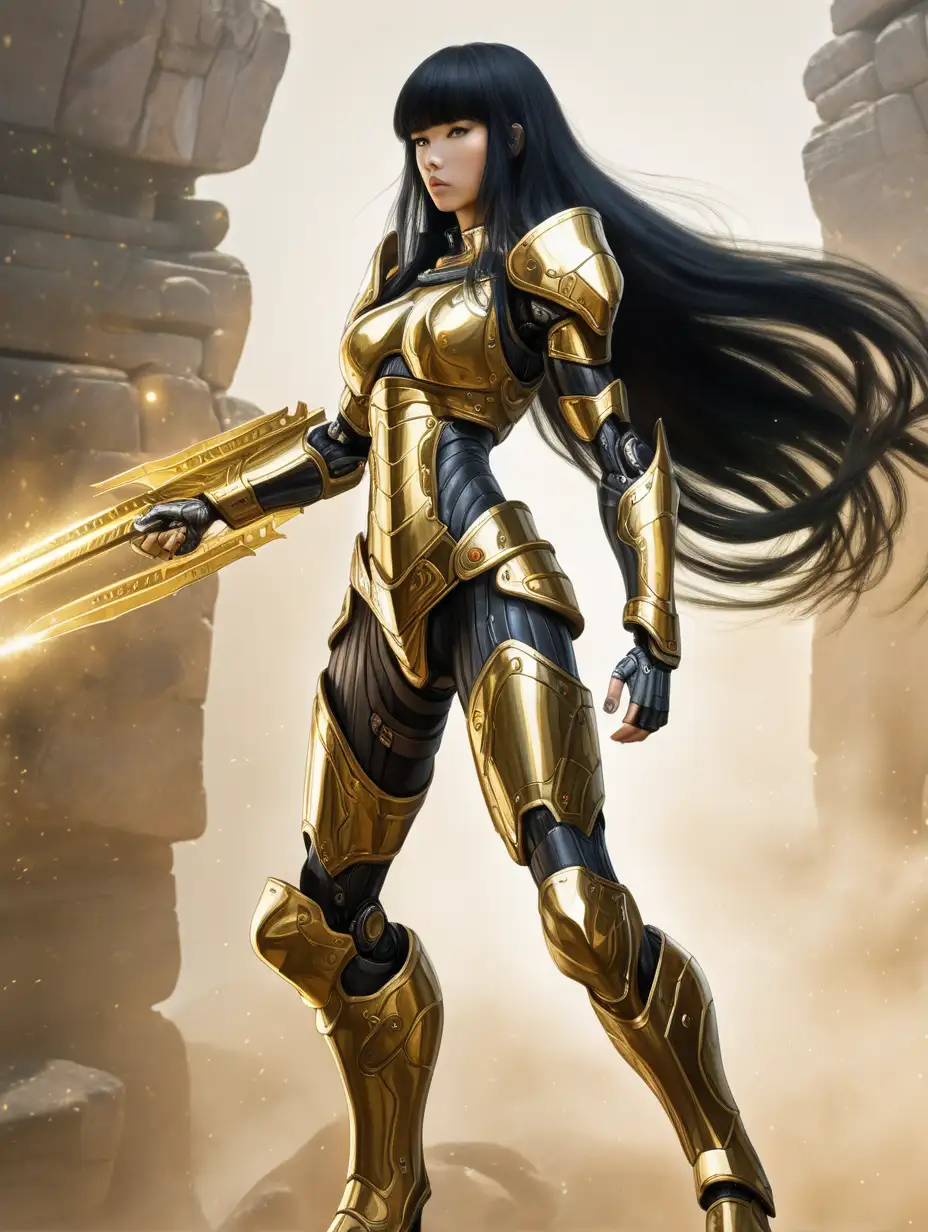 Female Warrior in Cybernetic Golden Armor Stands Ready for Battle on Earth