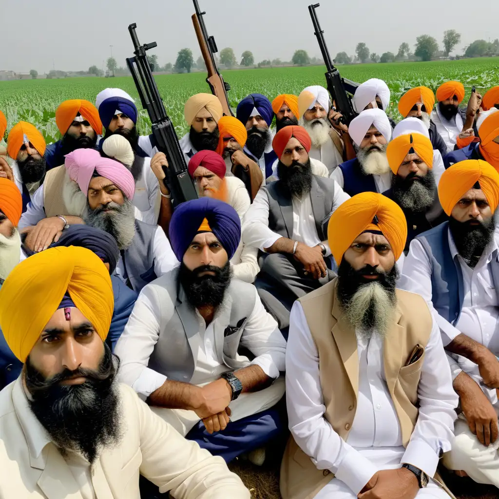 Sikh farmers with gun protest, cinematic, tractors