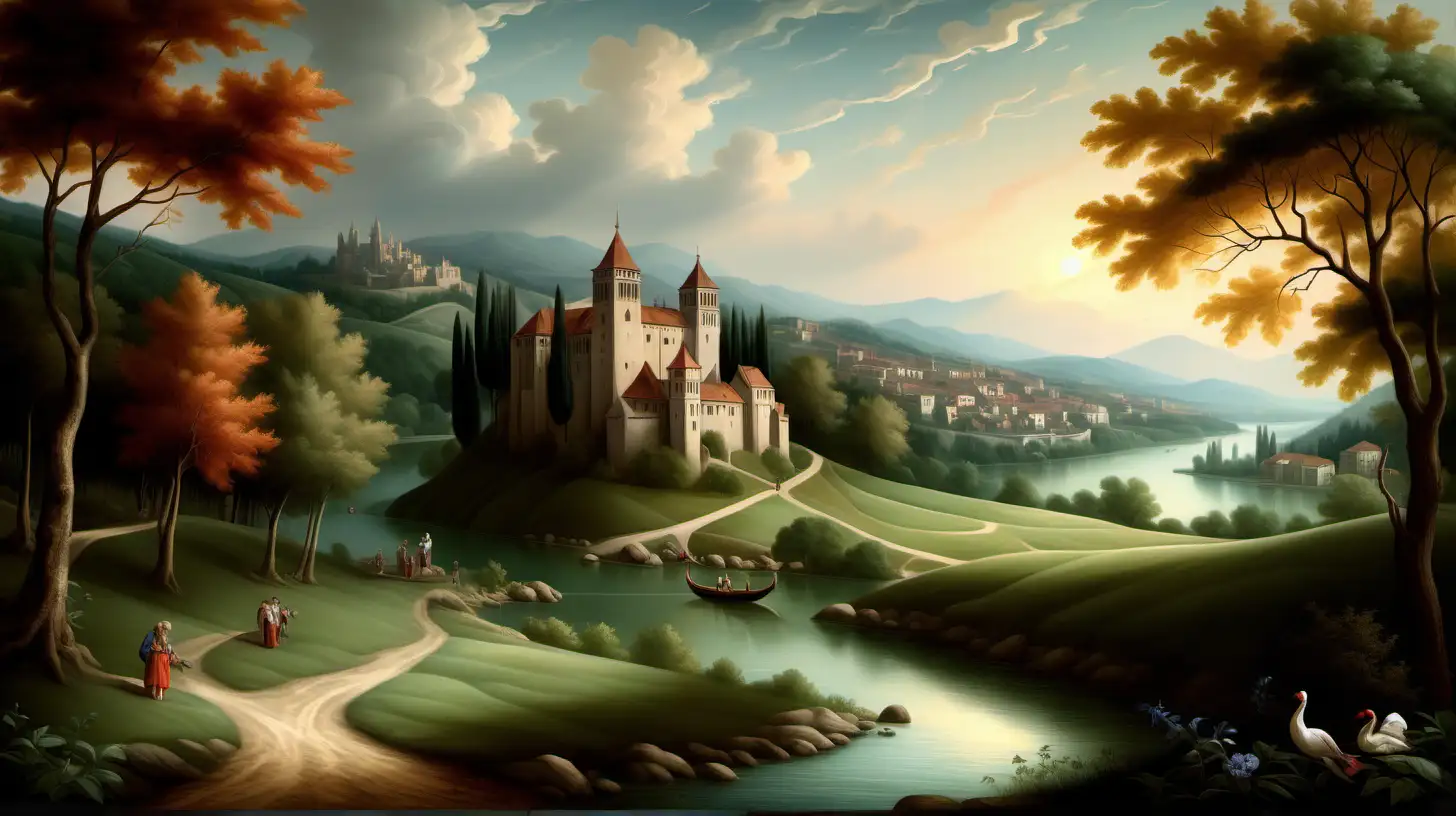 Create a picturesque landscape scene reminiscent of the Renaissance era, capturing the idyllic countryside with rolling hills, a serene river flowing through, lush forests in the background, and perhaps a distant castle or village nestled among the trees. Pay attention to the use of atmospheric perspective, rich color palette, intricate details, and soft, ethereal lighting characteristic of Renaissance paintings to evoke a sense of beauty, harmony, and tranquility within the composition.