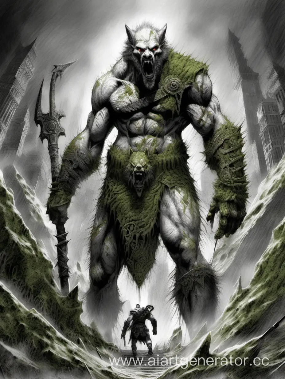 The god of war and destruction, covered in moss, wolf teeth, enormous, drawn with a pencil