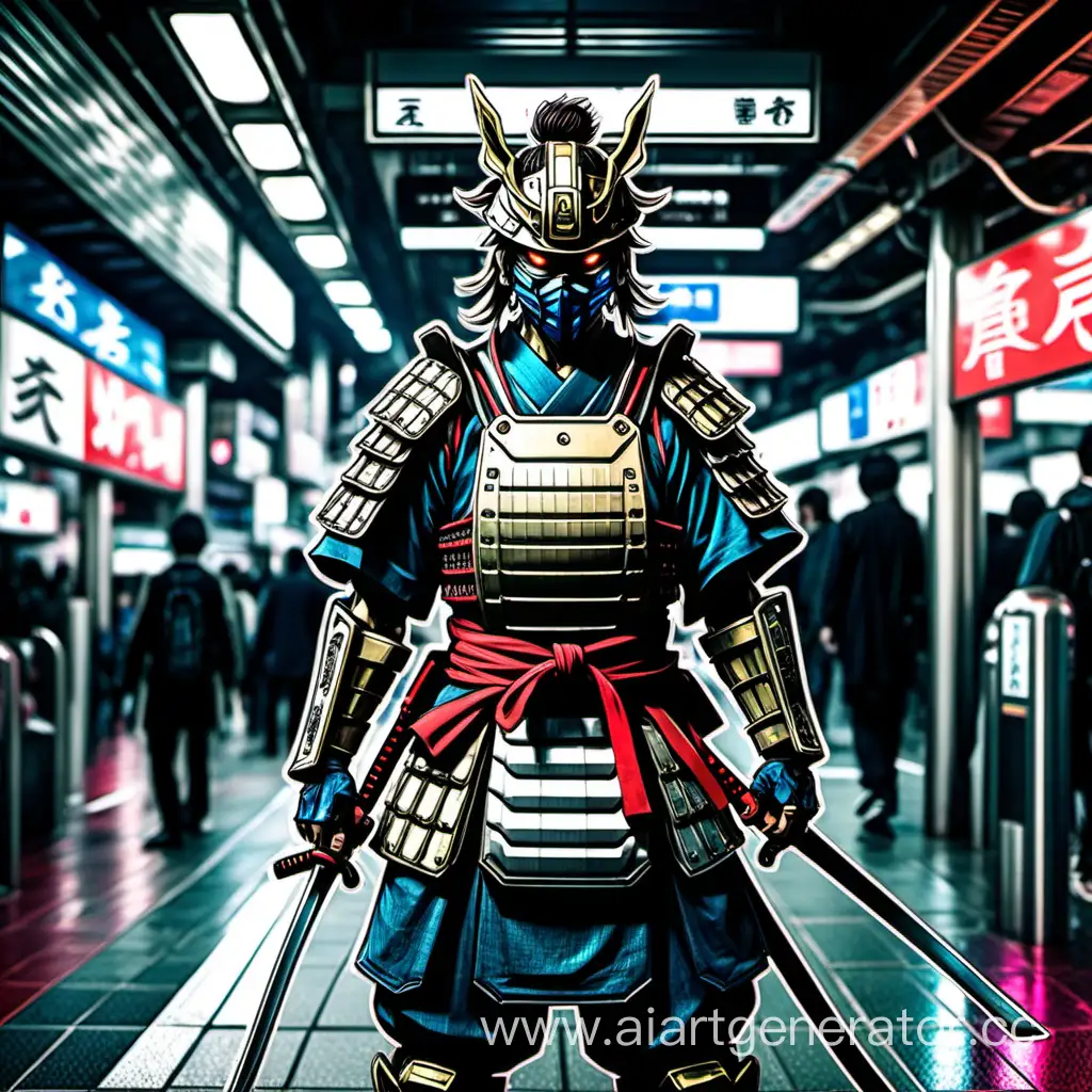 Draw a samurai at Shibuya station in cyberpunk style