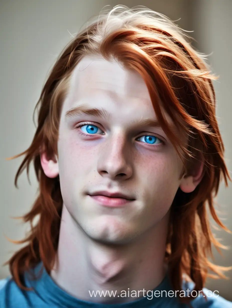 мальчик подросток европейской внешности, рыжие длинные волосы до плеч, голубые глаза, миловидное лицо, длинная шея, белая кожа