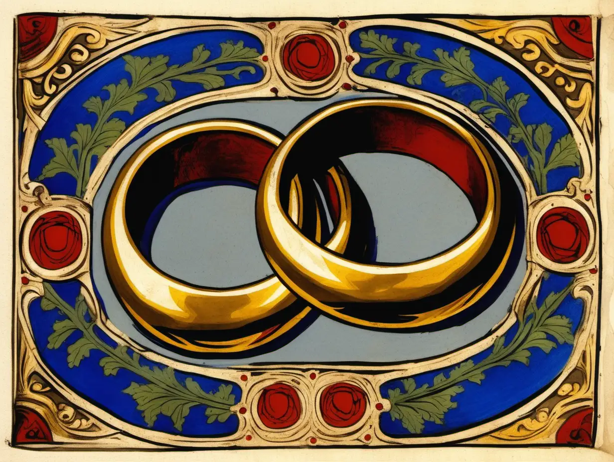 Mittelalterliche gemalte Darstellung von zwei goldenen Eheringen. Im Stil von Codex Manesse

