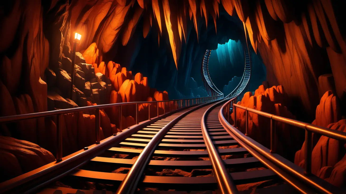 Cave with orange roller coaster tracks going into cave entrance at night Pixar style