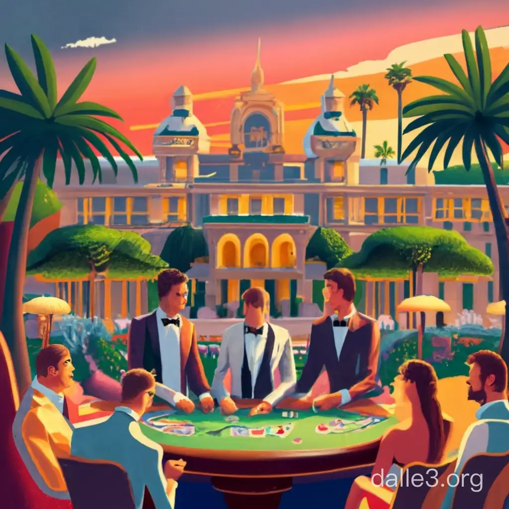 Generate an image depicting a sophisticated scene where a Monte Carlo tree search algorithm is represented as a branching tree structure in the background. In the foreground, showcase a group of elegant individuals sitting around a luxurious UNO card game table set in the opulent backdrop of Monaco. The players should be engrossed in the UNO game, with Monaco's iconic landmarks subtly incorporated in the environment, such as the Monte Carlo Casino or the Monaco Grand Prix circuit.