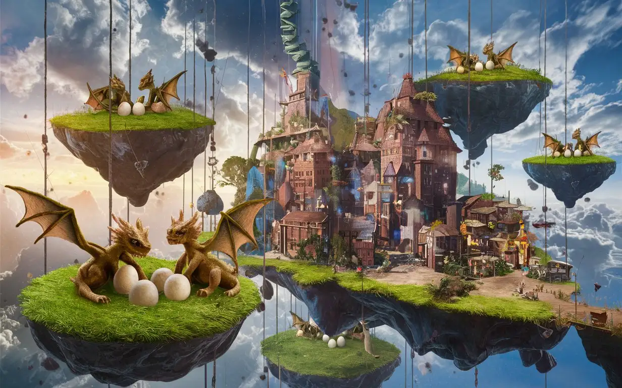 young dragons laying eggs in a floating sky island town, all islands at different elevations, hd, fantasy lighting, day, adventurous, exciting, realistic, 3d.