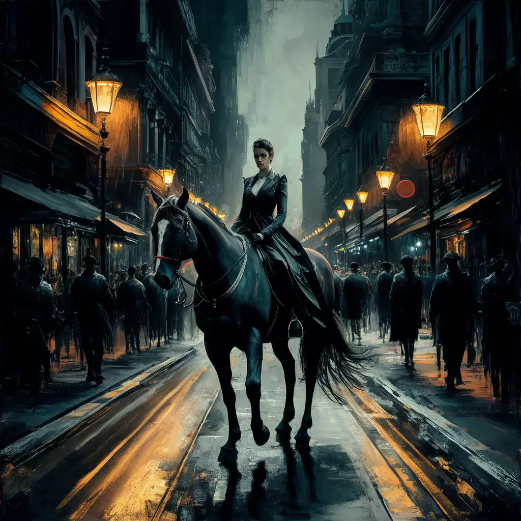 A blend of realism with elements of surrealism, a composition that are both lifelike and psychologically charged, bold brush strokes, using light and shadow to add depth and drama, a lone woman comes riding in the city at night, cinematic style 