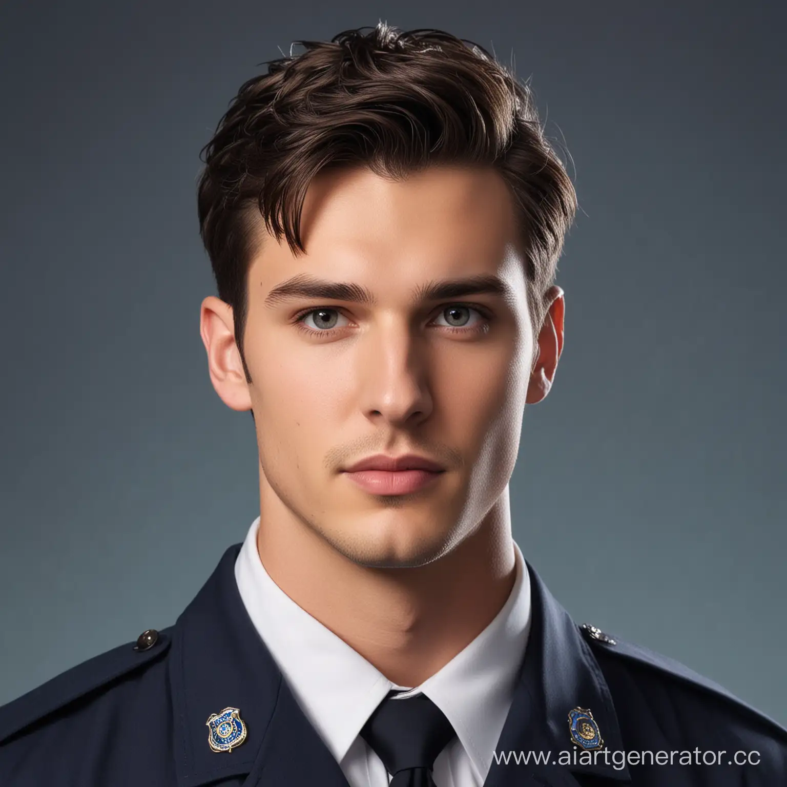 an image of a man with dark hair gathered in a small bun on his head, a young guy, twenty-three years old, similar to actor Chris Wood, gray eyes, clear lips, small stubble, in the style of real life, light body and dark blue, in the background, full-length, FBI uniform, stern look, realistic pictures, animated gifs -AR 71:128 -stylize 750 -v 6