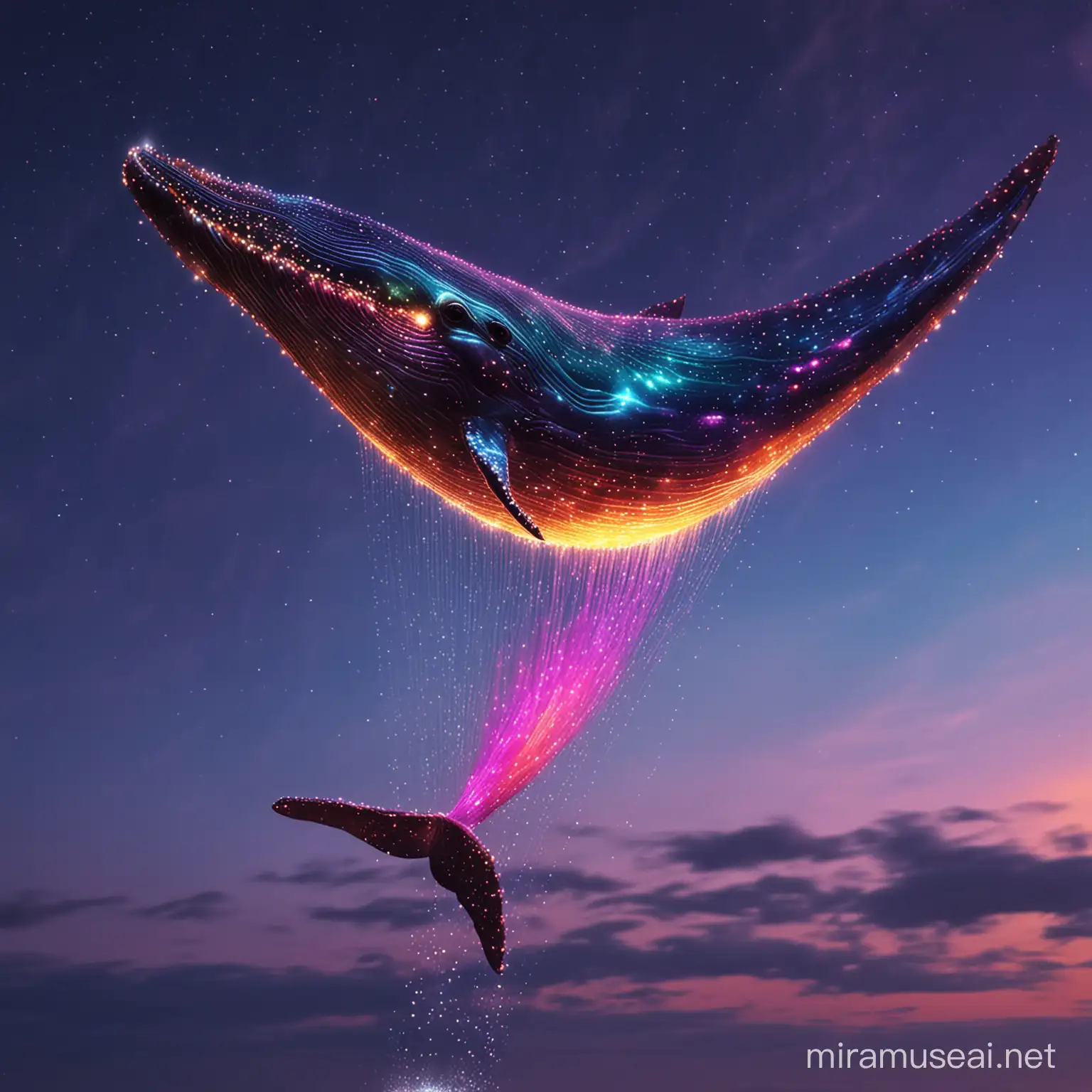 a stunning whale made of light, multi colored, shiny, soaring in the sky, strange