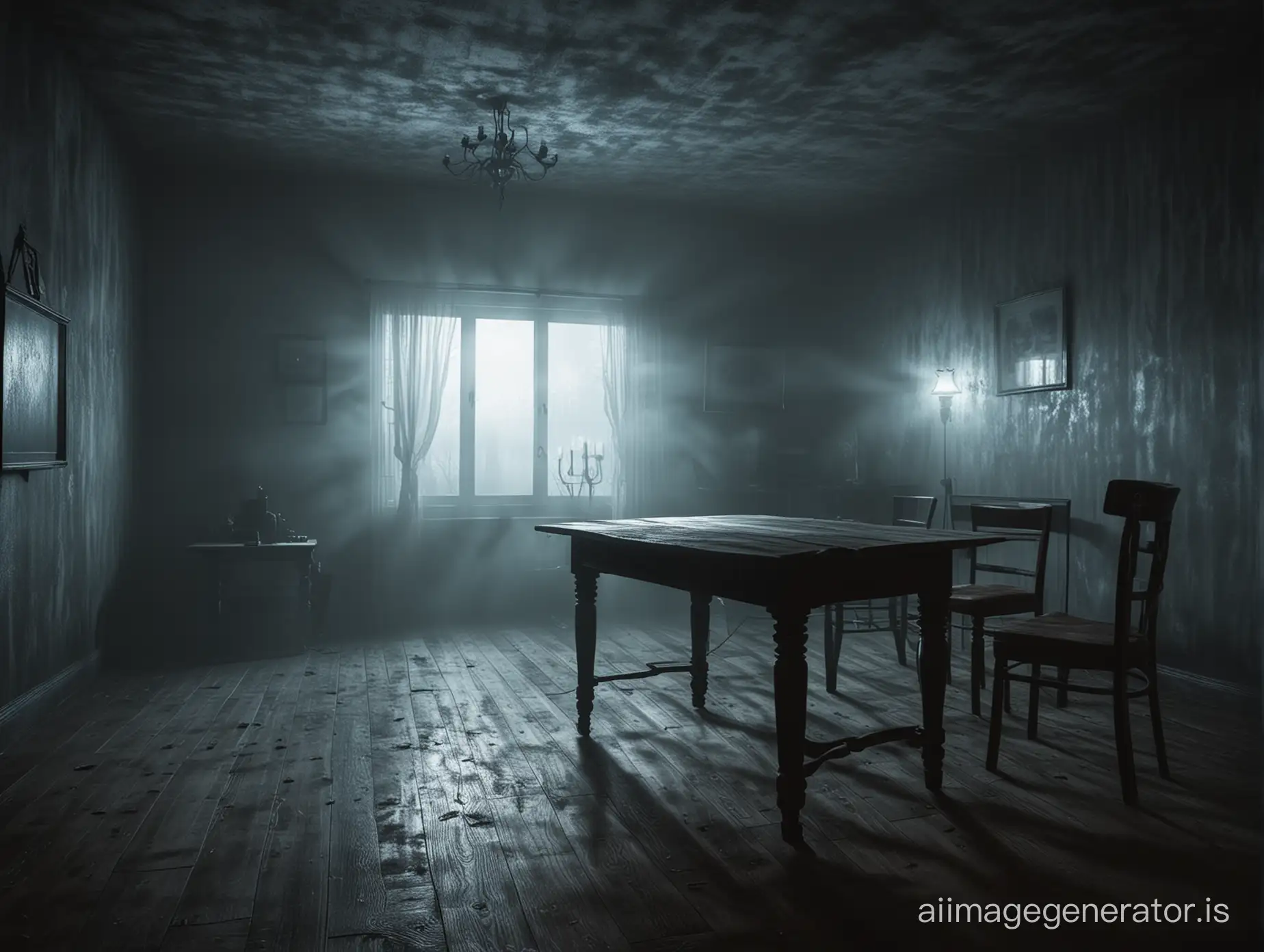 horror atmosphere, fog, night, room with table, powerful computer, evil shadows