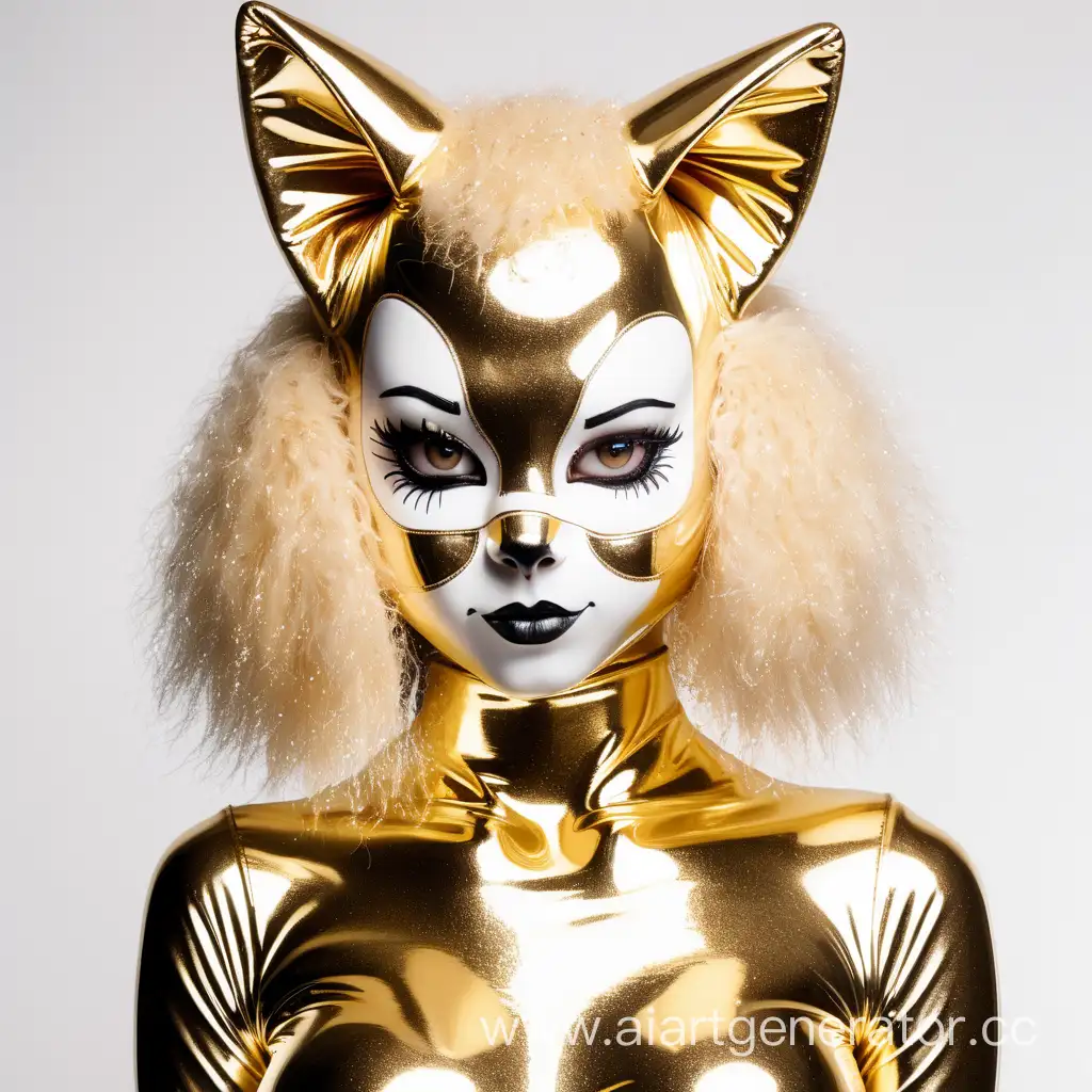 Латексная девушка фурри кошка с золотой латексной кожей покрытой блестками с белым резиновым лицом. Изображение сделать в милой стилистике