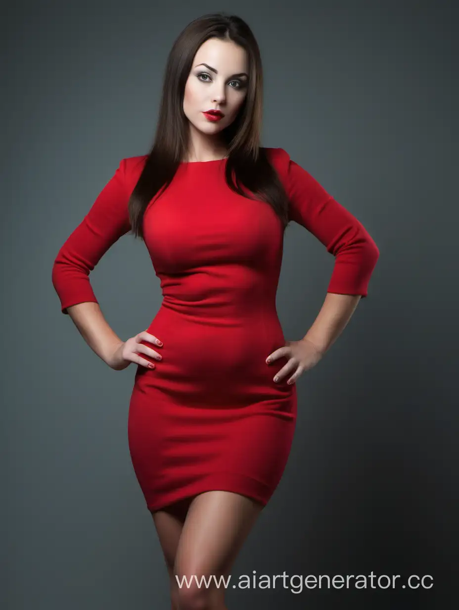 Elegant-Brunette-in-Red-Dress-with-Wide-Hips-Fashionable-Portraiture