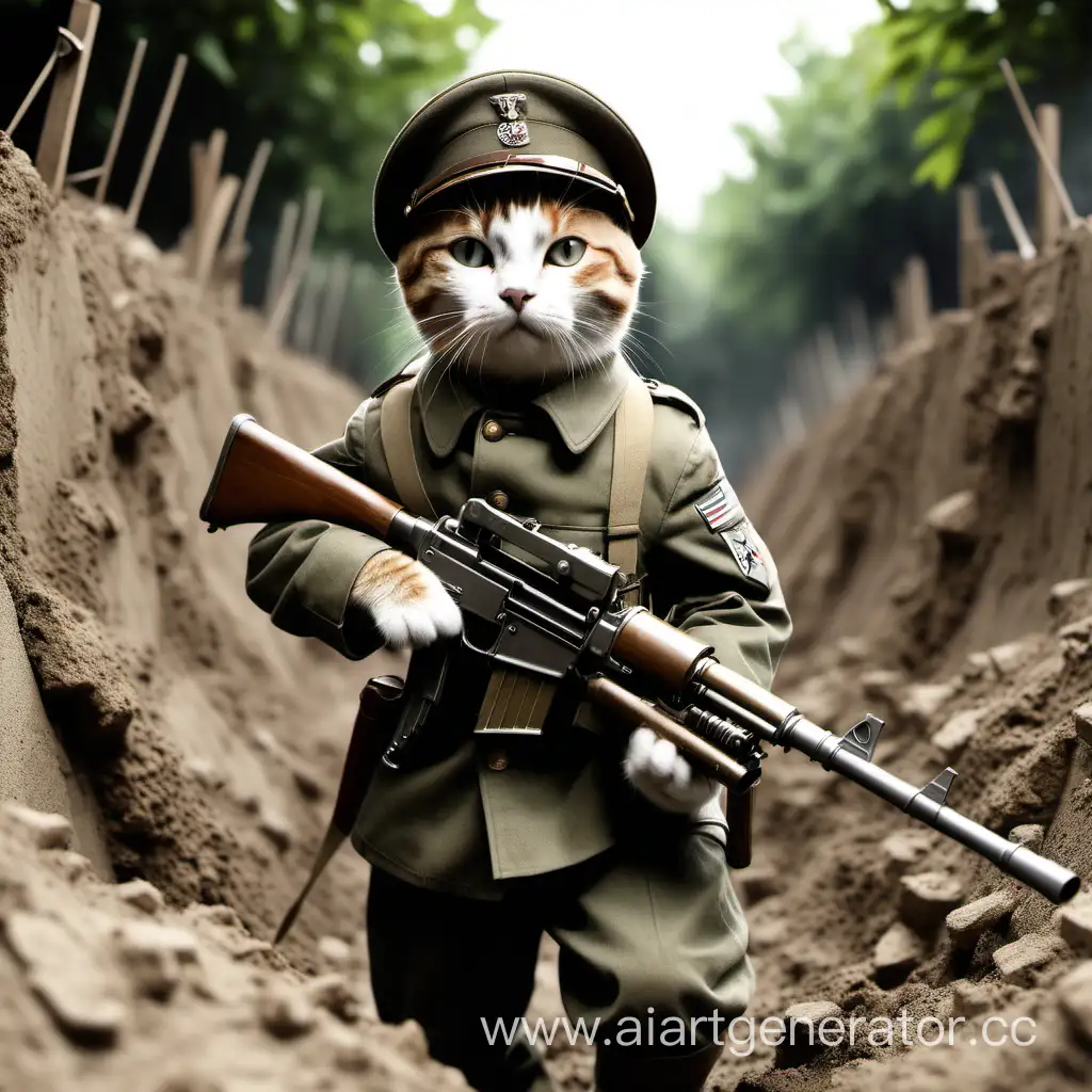 Сгенерируй кота военного с ружьём в экипировке 2 мировой войны в окопе пожалуйста