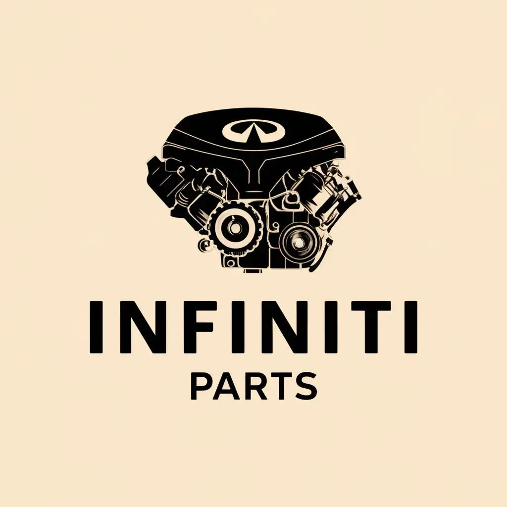 logo, simple illustration of engine frontside, with the text "Infiniti parts", typography, be used in Automotive industry