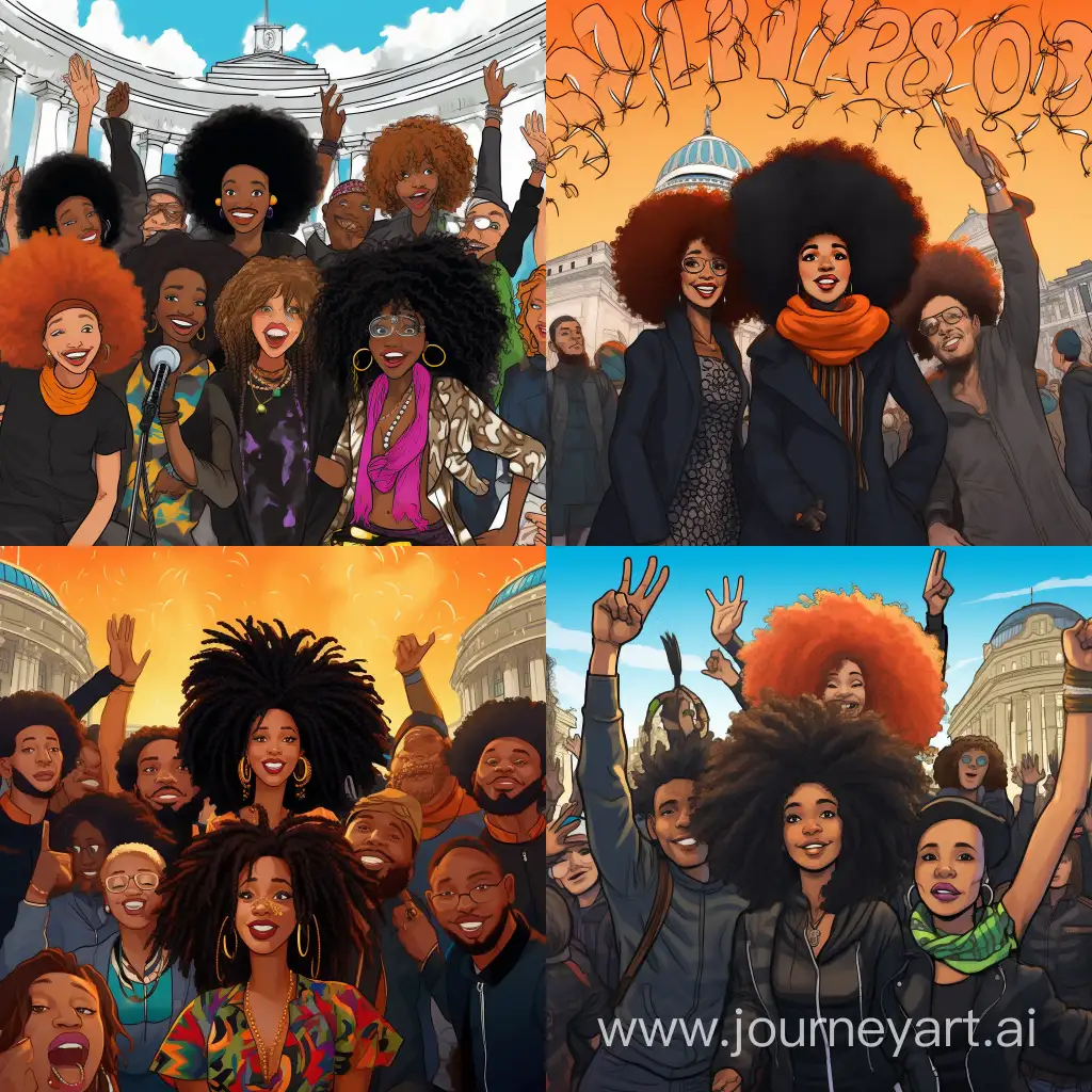 Colourful cartoon style of Black people with afros and dreadlocks standing in Trafalgar Square celebrating the new year