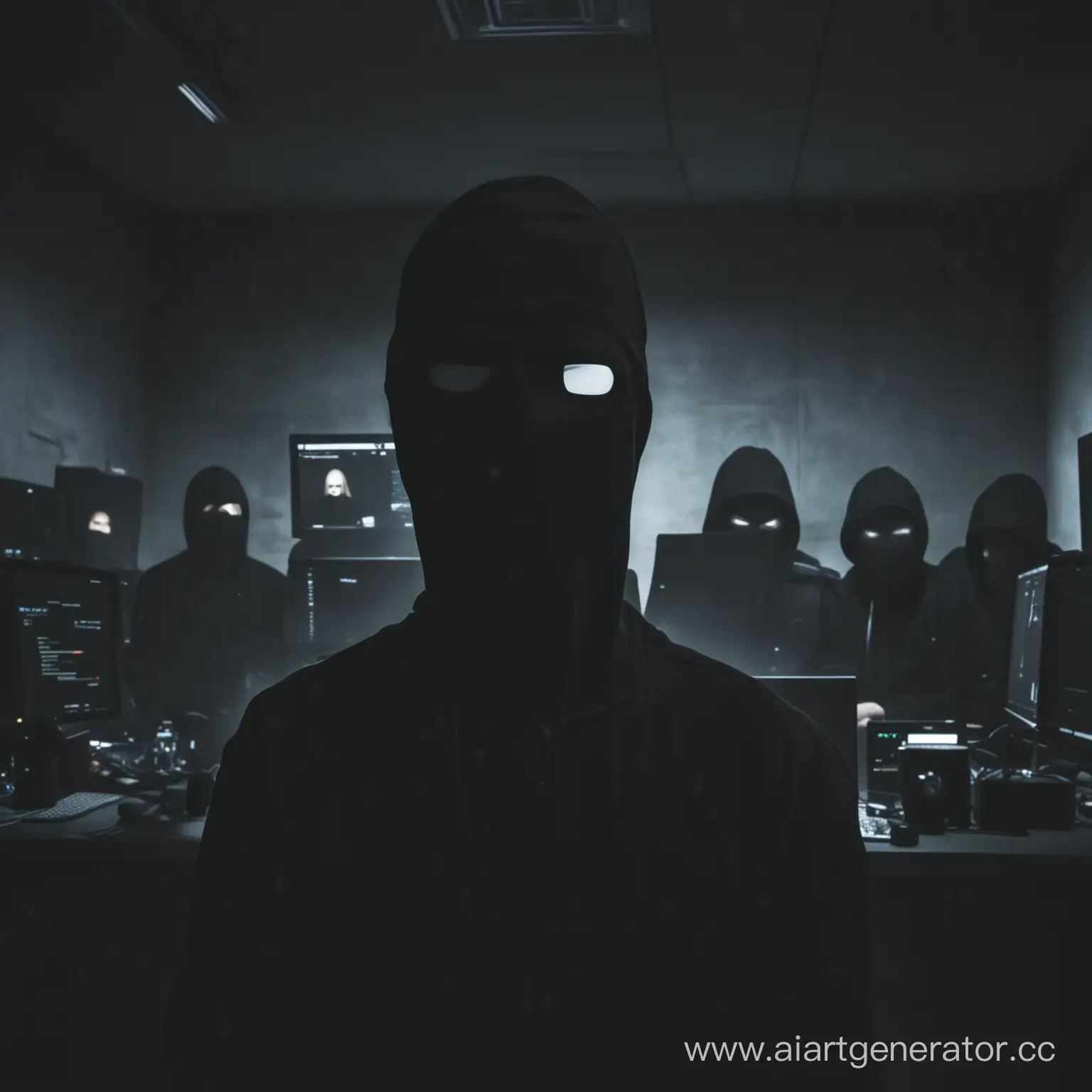 Темный хакер без лица программирует, вместе с командой. Лиц не видно, немного все темно. Очень современая комната