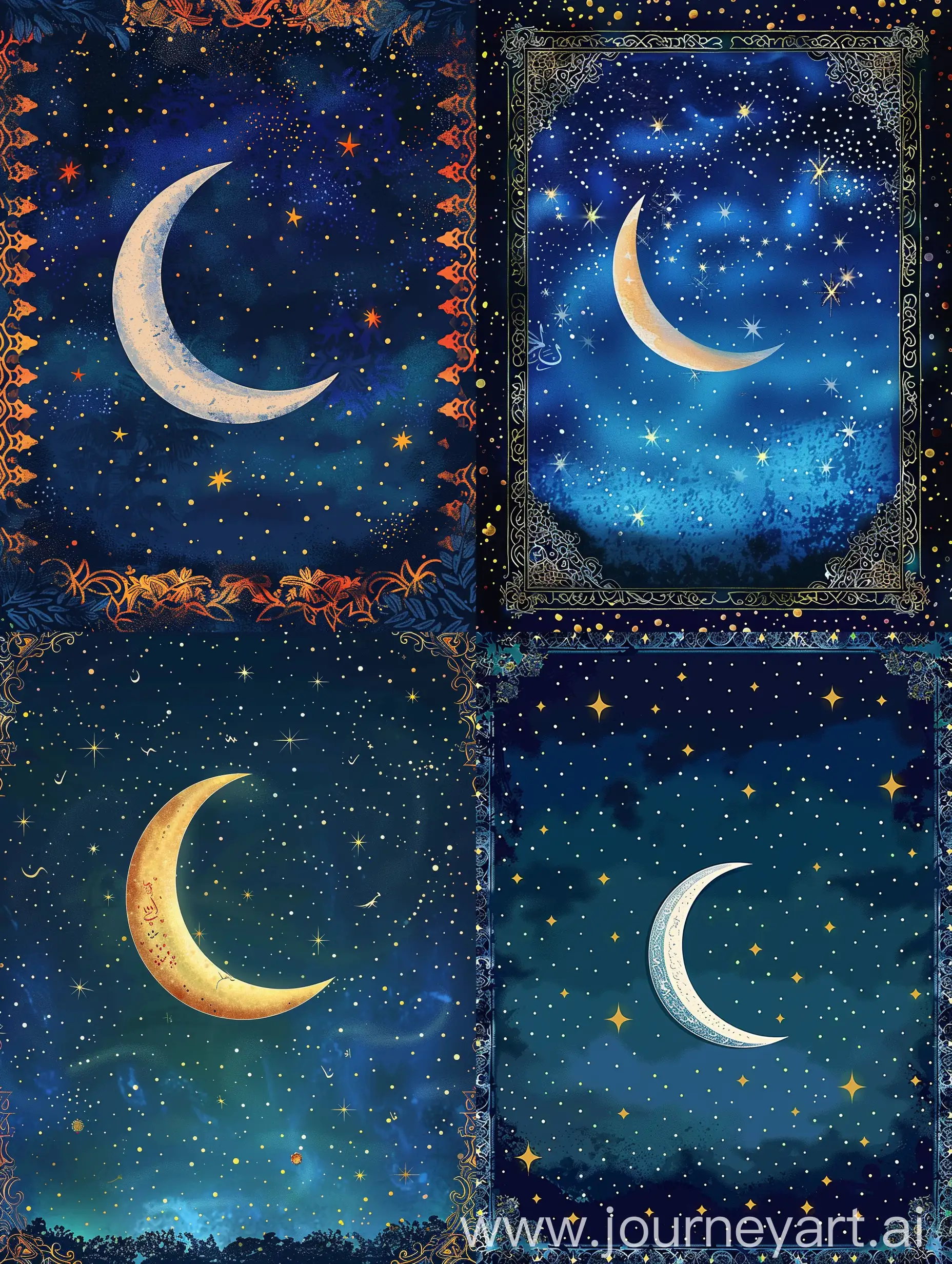 a ramadan start celebration, a crescent moon in a night sky with stars and also some islamic patterns in the sides of the picture; poster like;