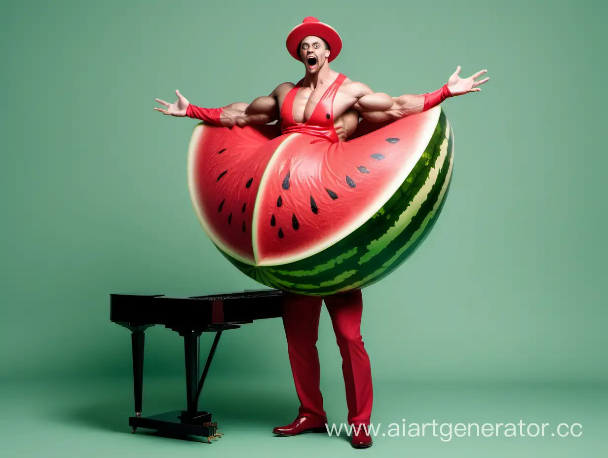 Energetic-Pianist-Performing-in-Vibrant-Watermelon-Costume