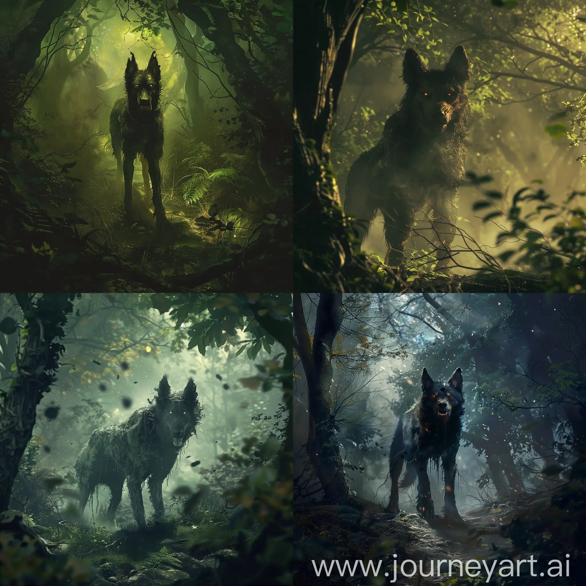 a demonic dog-like creature stand in an enchanted forest watching you 