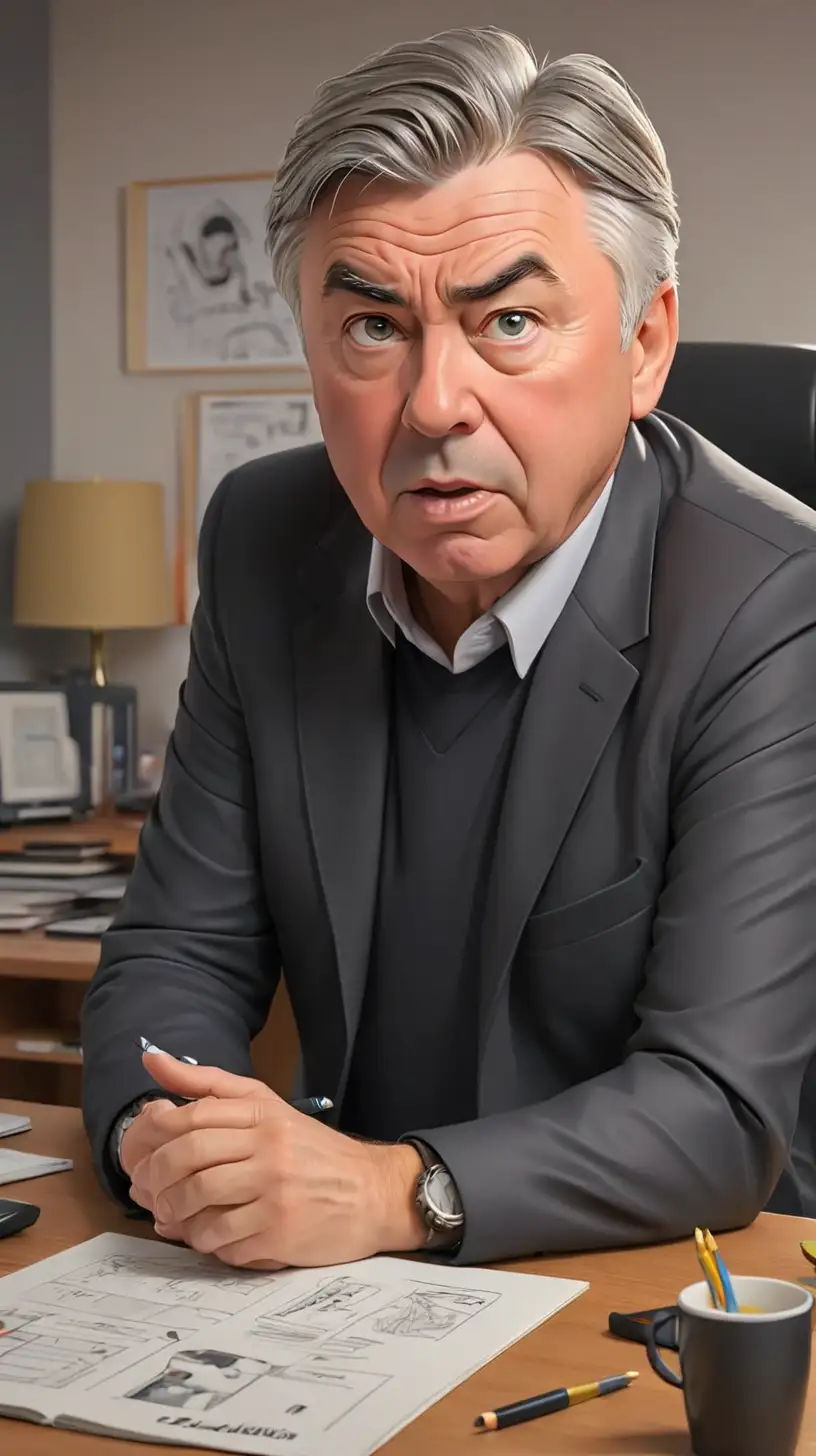 Drawing of Carlo Ancelotti
Cựu cầu thủ bóng đá
 sitting at his desk, discussing football tactics

, 3d cartoon,