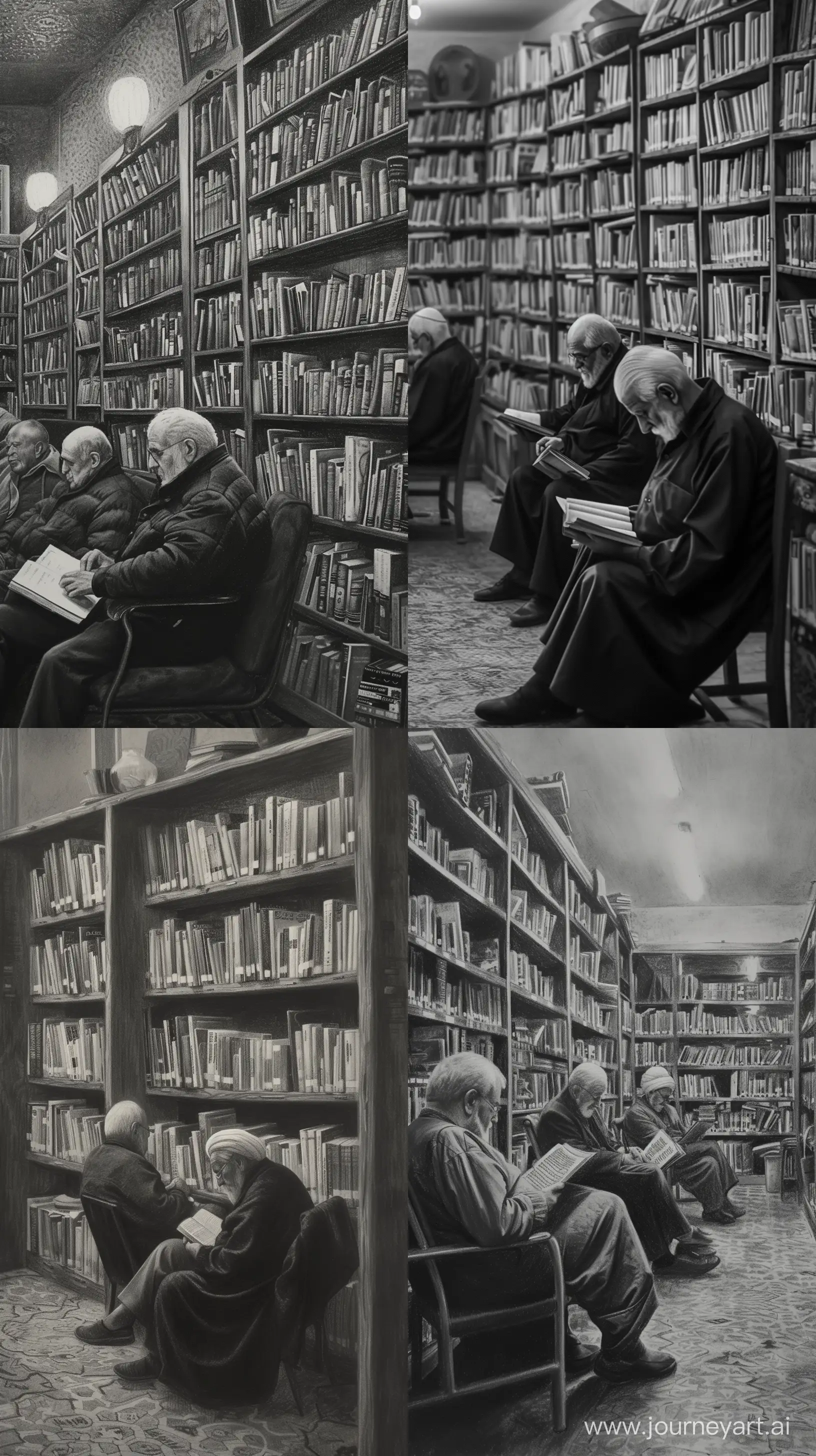 /imagine prompt: Amidst the Tabriz social security retirement center's library, elderly individuals engrossed in books, the atmosphere resonating with intellectual pursuits and quiet contemplation, shelves filled with a rich collection of literature, under soft ambient lighting, Artwork, pencil sketch on textured canvas, --ar 9:16