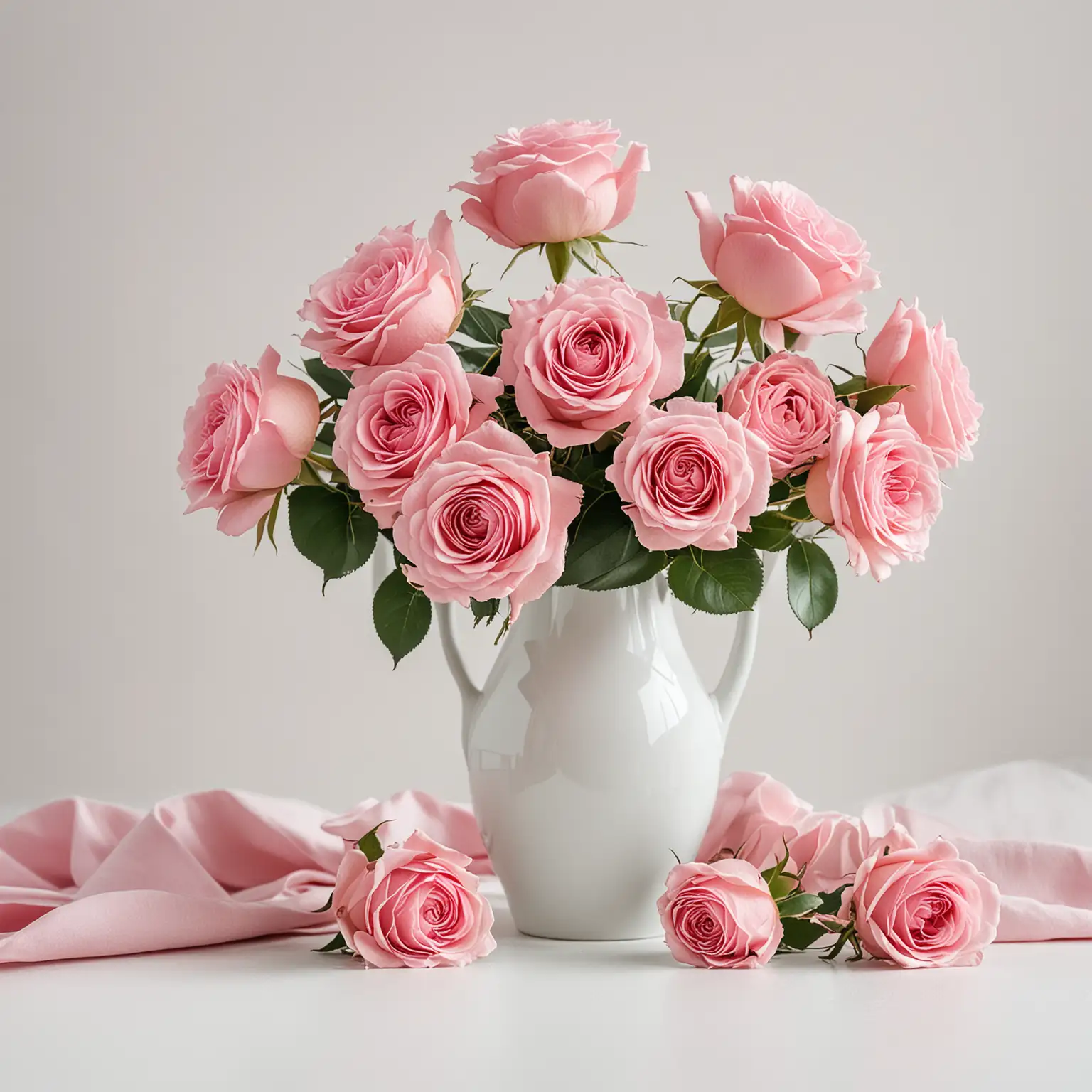 Elegant Pink Roses in a White Vase Floral Arrangement Still Life