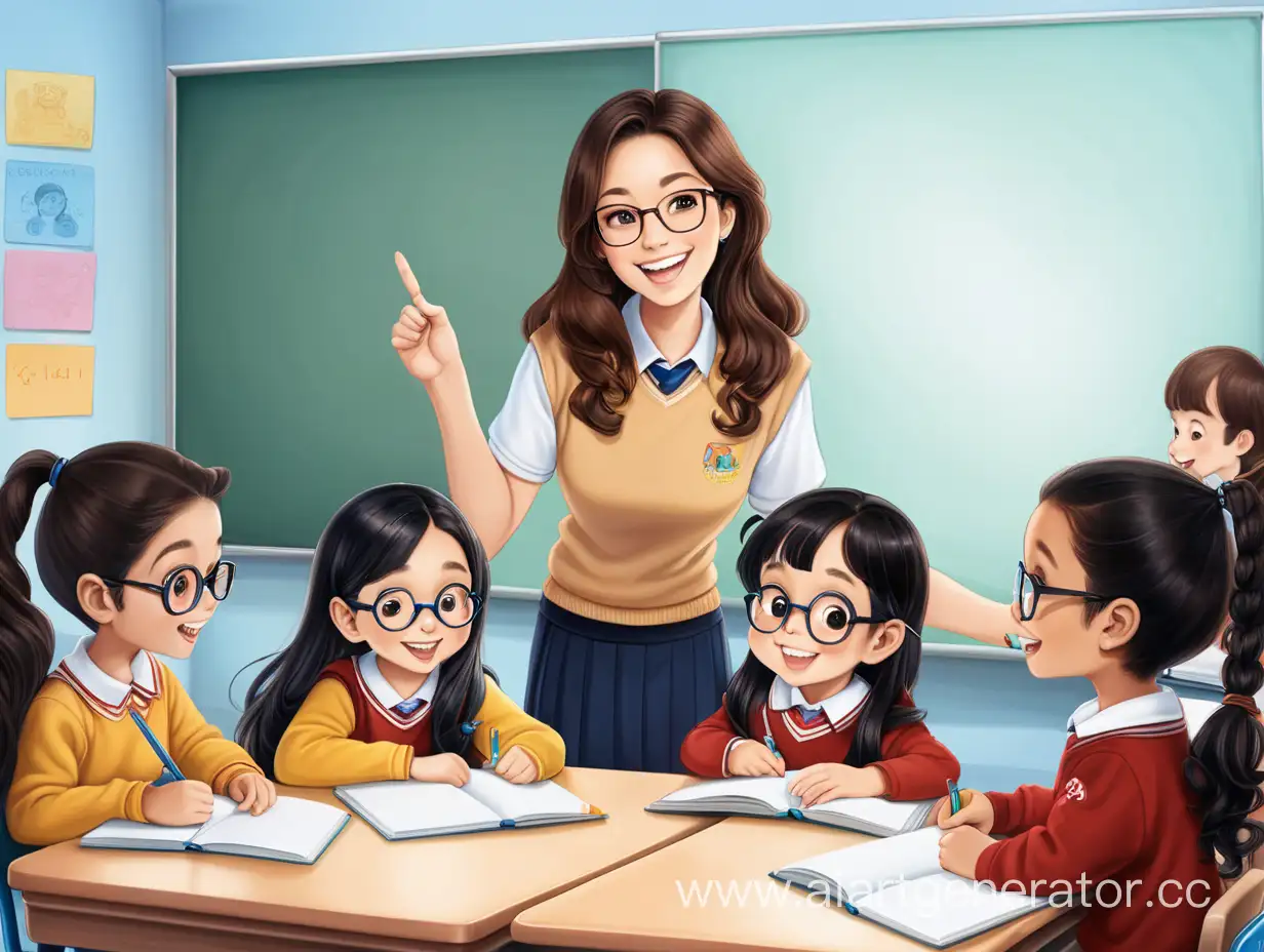 В большом классе группа из 6 детей обучаются английскому языку с учителями женщинами, у одной длинные коричневые волосы, очки и красивая улыбка, у другой женщины короткие чёрные волосы и красивая улыбка 