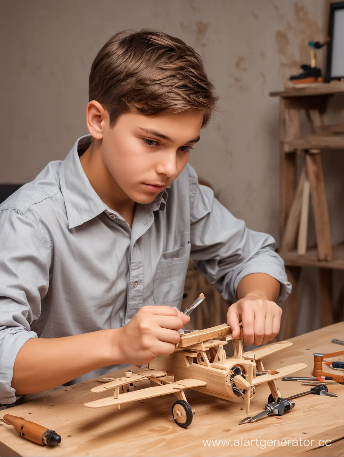 Молодой человек возраста 12 лет собирающий самолётик из деревянных деталей с отвёрткой в руке