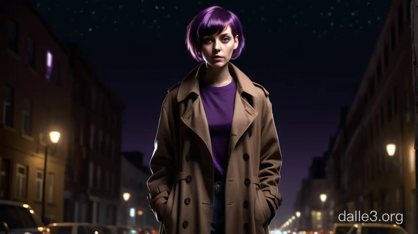 photorealistic hyperrealistic full length girl with short purple hair in the brown trenchcoat standing at the night looking at viewer