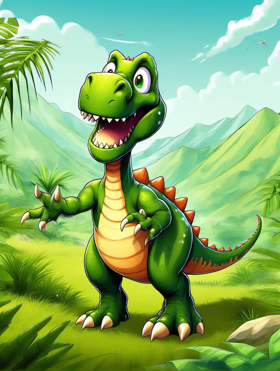 Imagina a un simpático dinosaurio parado en un campo verde y soleado, con una sonrisa juguetona en su rostro y los ojos brillantes de emoción. Este dinosaurio tiene un cuerpo grande y fornido, con una cola larga que se balancea con entusiasmo.
agrega de fondo un verde valle con alegre vegetación